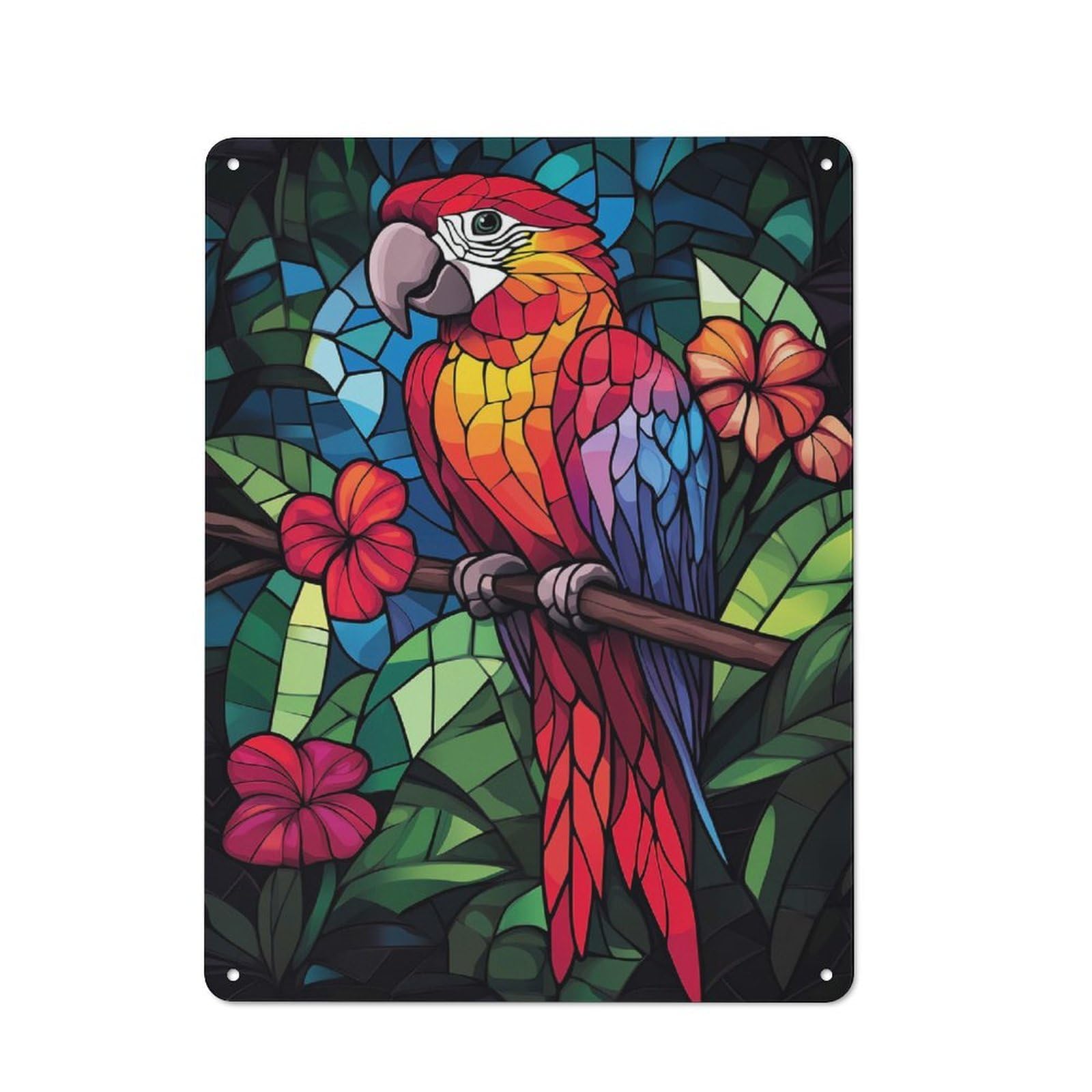 Junmoney Style-10 Retro Metal Wall Plaque 40X30cm Featuring Stained Glass Parrot(2), Room Wall Plaque For Hallway, Home Bar, Garage Or Study