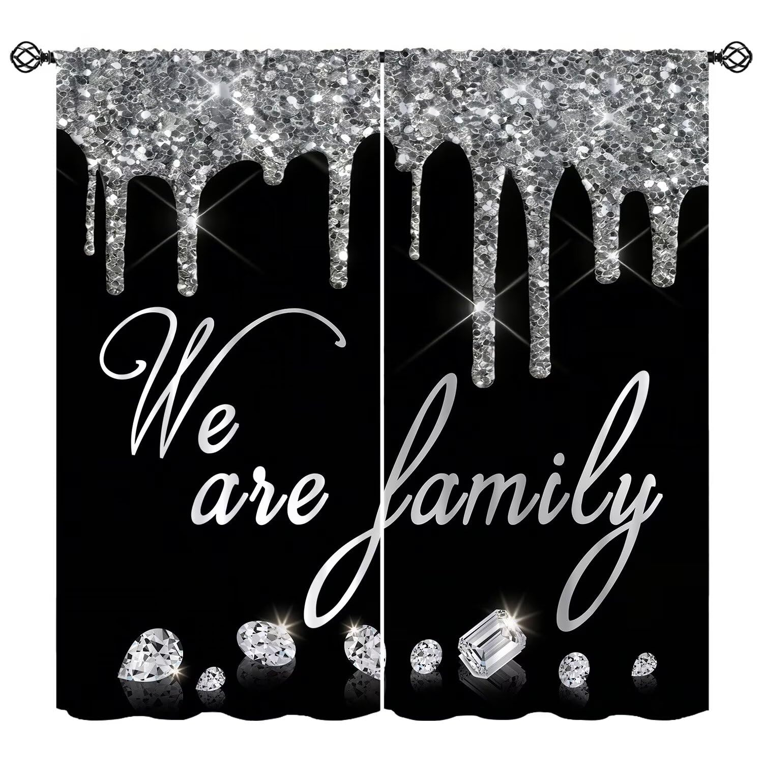 moderw Family Glitter Diamond Curtain Black White Family Sparkle Shimmer Bling Window Treatments Silver Shiny Drip Luxury Window Drapes (No Glitter) for Bedroom Living Room W52xL84in
