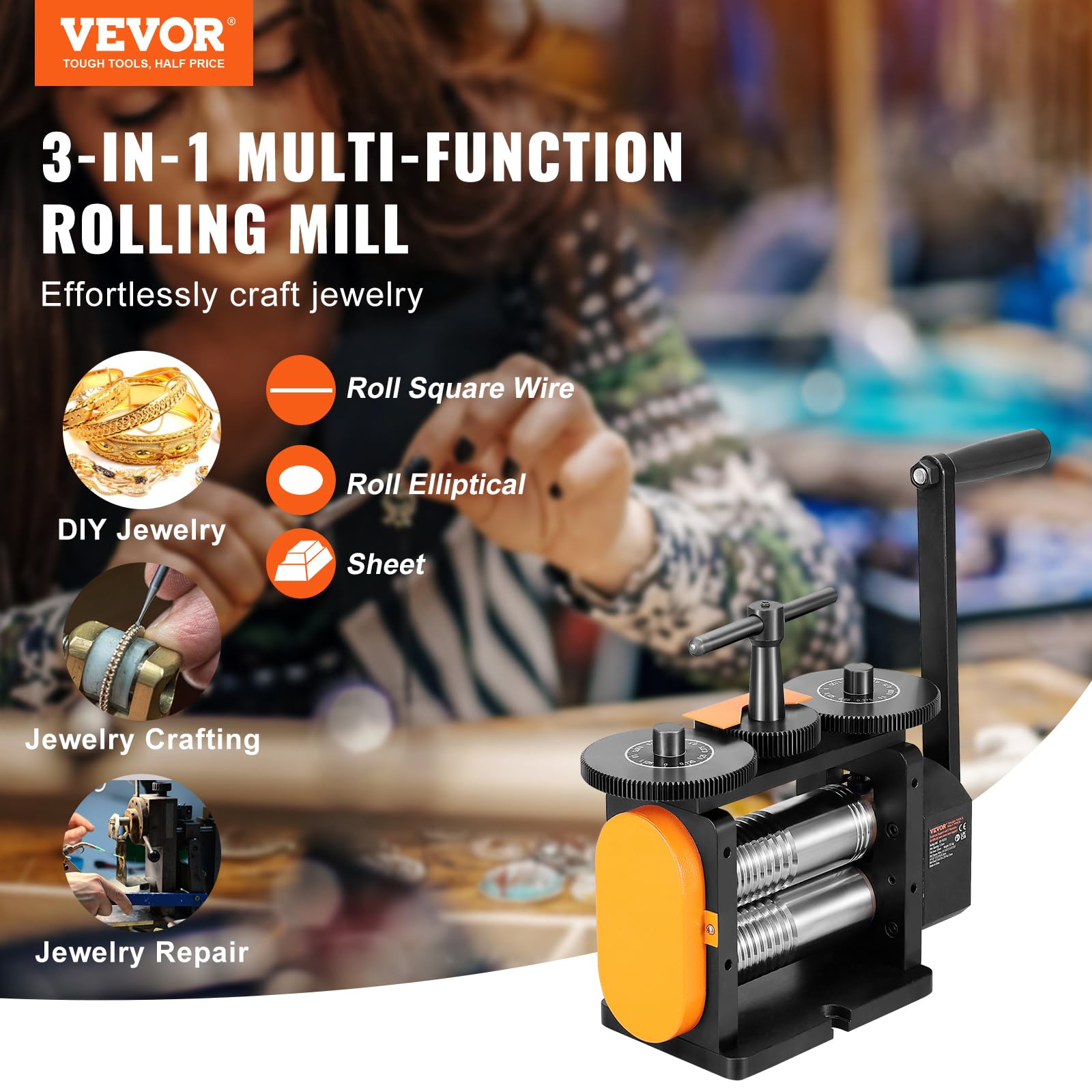 VEVOR 3 in 1 Handwalzwerk Maschine 57 mm Kombinationswalzwerk, Manueller Walzwerk Schmuckwalzwerk Einstellbare Dicke von 0 bis 5,5 mm, Handwalzwerk Maschine für Platin/K-Gold/Messing/Aluminium