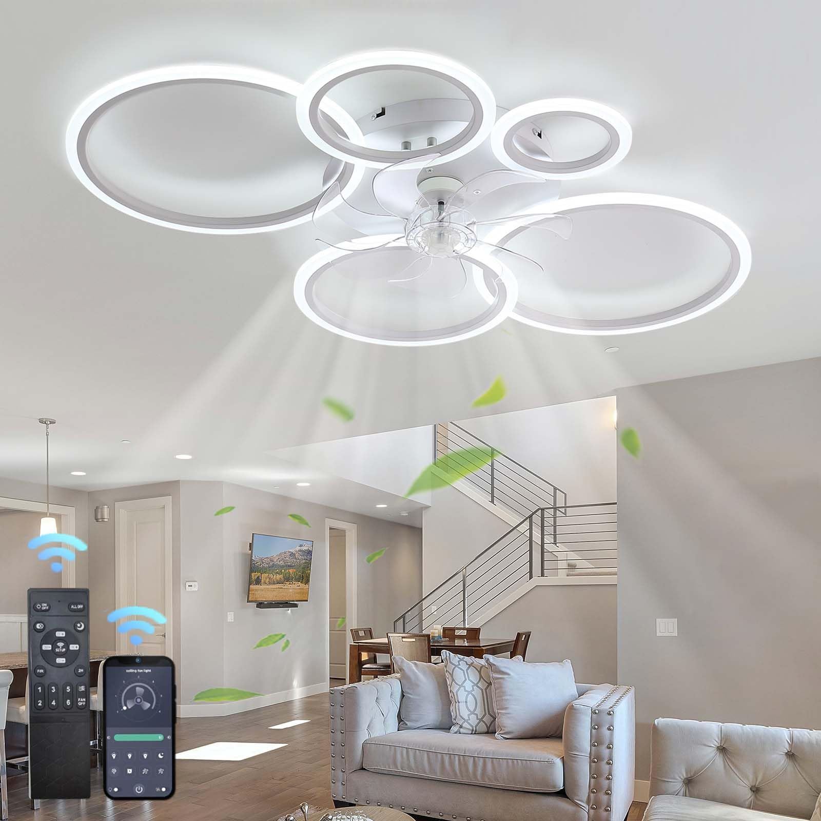 HXYSXHJUO Ceiling Fans with Lights and Remote, Lamps, Timer Ultra Quiet，Summer Winter Reversible DC Motor，6 Speeds，for Bedroom,Living Room-White