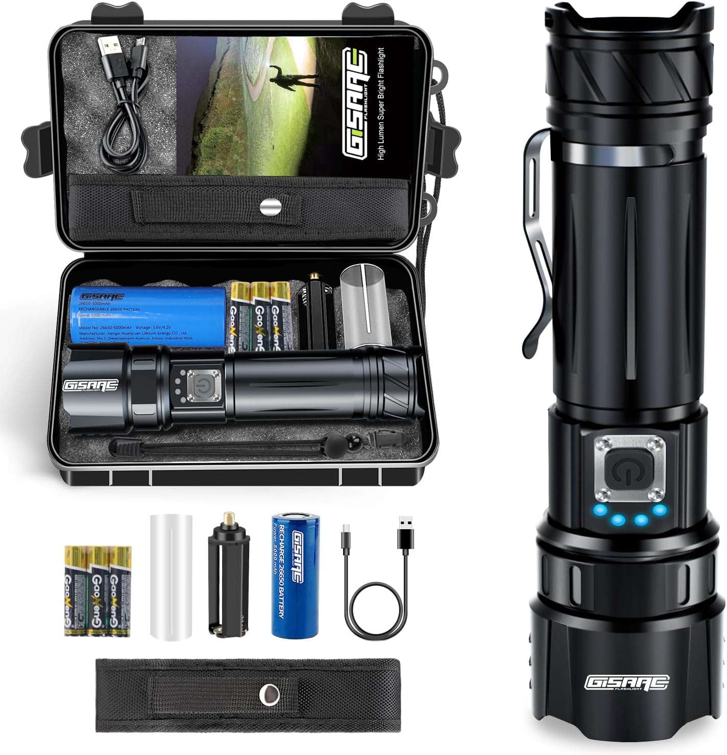 Gisaae Led Torch, Torches Led Super Bright 20000 Lumens, Type-C Rechargeable Torch, Flashlight with 5 Modes, Small, Powerful Torch Set, AAA Battery and Holster Low Level [Energy Class A+++]
