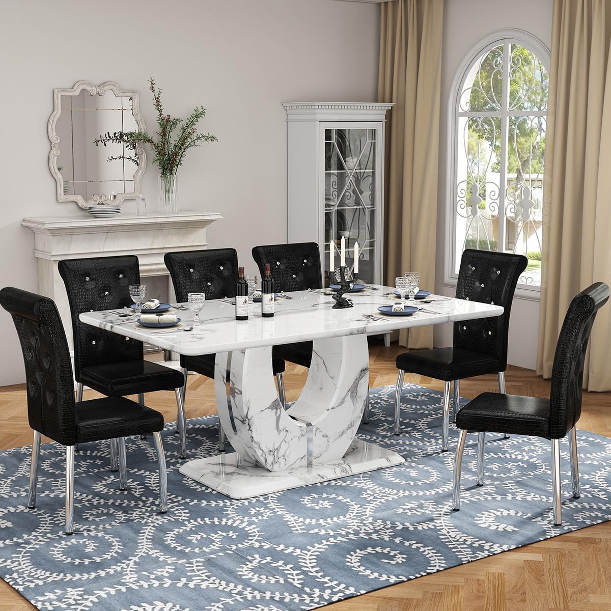 Modern Faux Marble Dining Table Set for 6, 63″ White