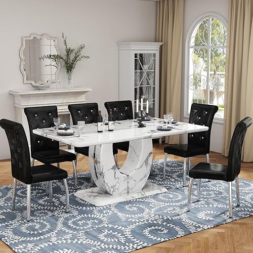 JUFU Juego de mesa de comedor de mármol para 6 personas con mesa de mármol sintético de 63 pulgadas y pedestal en forma de U, mesa de comedor 6