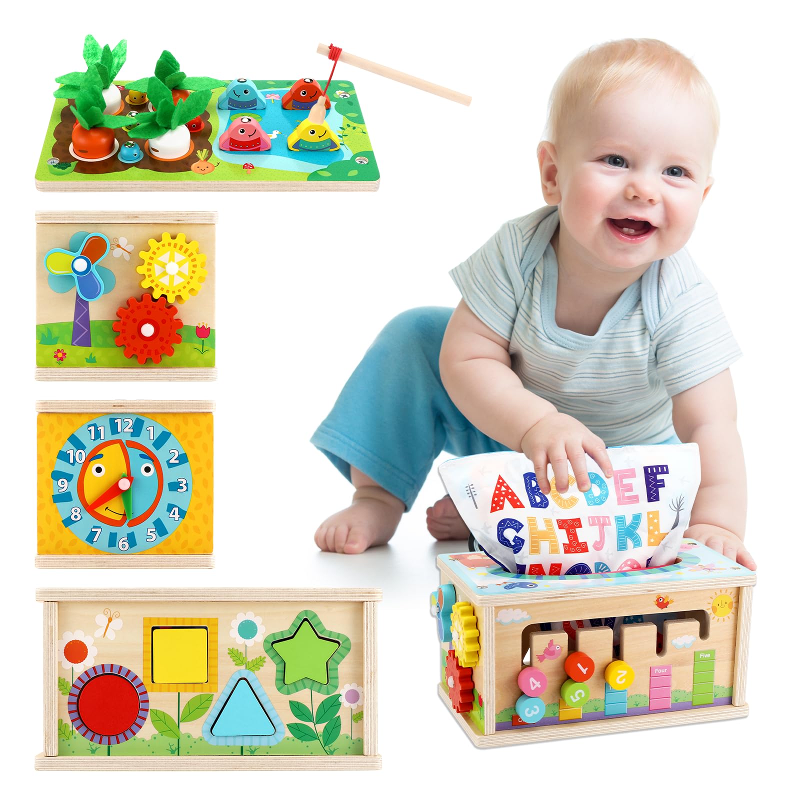 Cubos Actividades, Juguetes Montessori 8 en 1, Caja de Pañuelos Juguetes Bebes,Habilidades Motoras,Madera Juguetes de Aprendizaje para Niños y Niñas más de 3 años,Bebe Educativos Regalo Juguete Niño