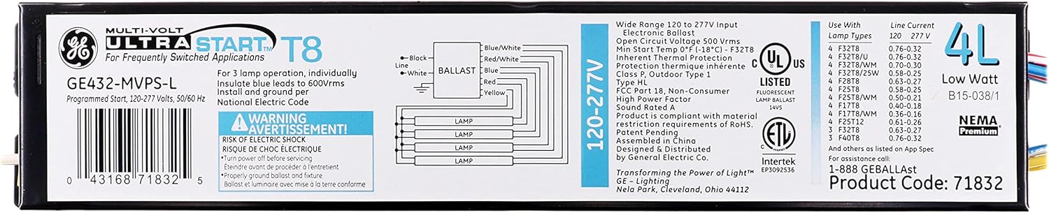 GE General Electric GE432-MVPS-L 4 71832 Program Start Fluorescent Ballast, 4-Lamp, 32W T8, 120-277V