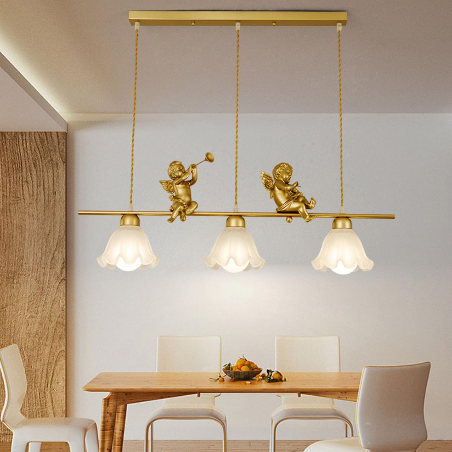 Lampada a Sospensione lineare a 3 luci per Isola Cucina, Angelo Dorato, Stile Moderno di metà secolo, Vetro opalino, Lampada Industriale a Sospensione, lampadario a Fiori per tavol