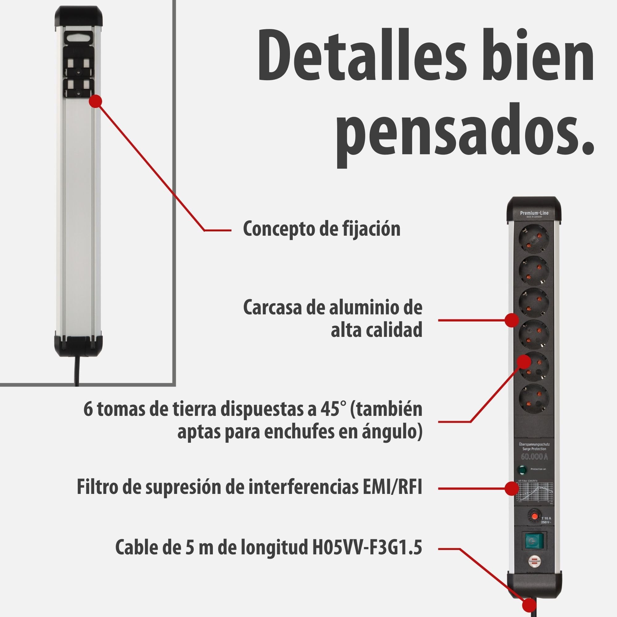 Brennenstuhl Premium-Protect-Line regleta enchufes de 6 Tomas con protección contra sobretensiones hasta 60.000 A (Cable de 5 m, Interruptor, Fabricado en Alemania) Plateado/Negro