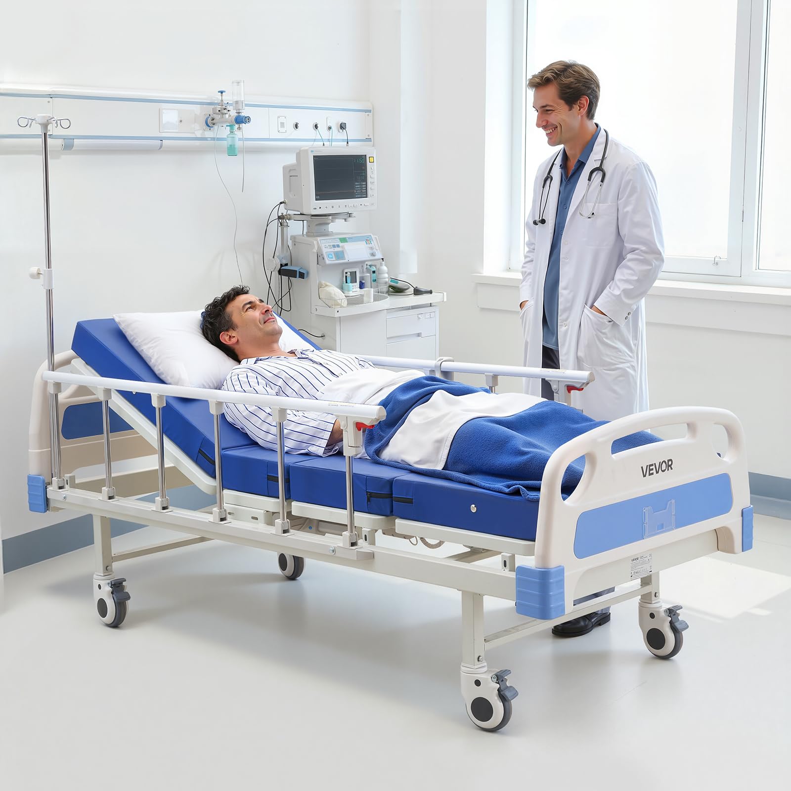 VEVOR Elektryczne łóżko szpitalne, 2-funkcyjne łóżko szpitalne z oparciem, podnóżkiem i regulacją wysokości, zamykane kółka, materac o dużej gęstości do szpitala Easa, pojemność 250 kg