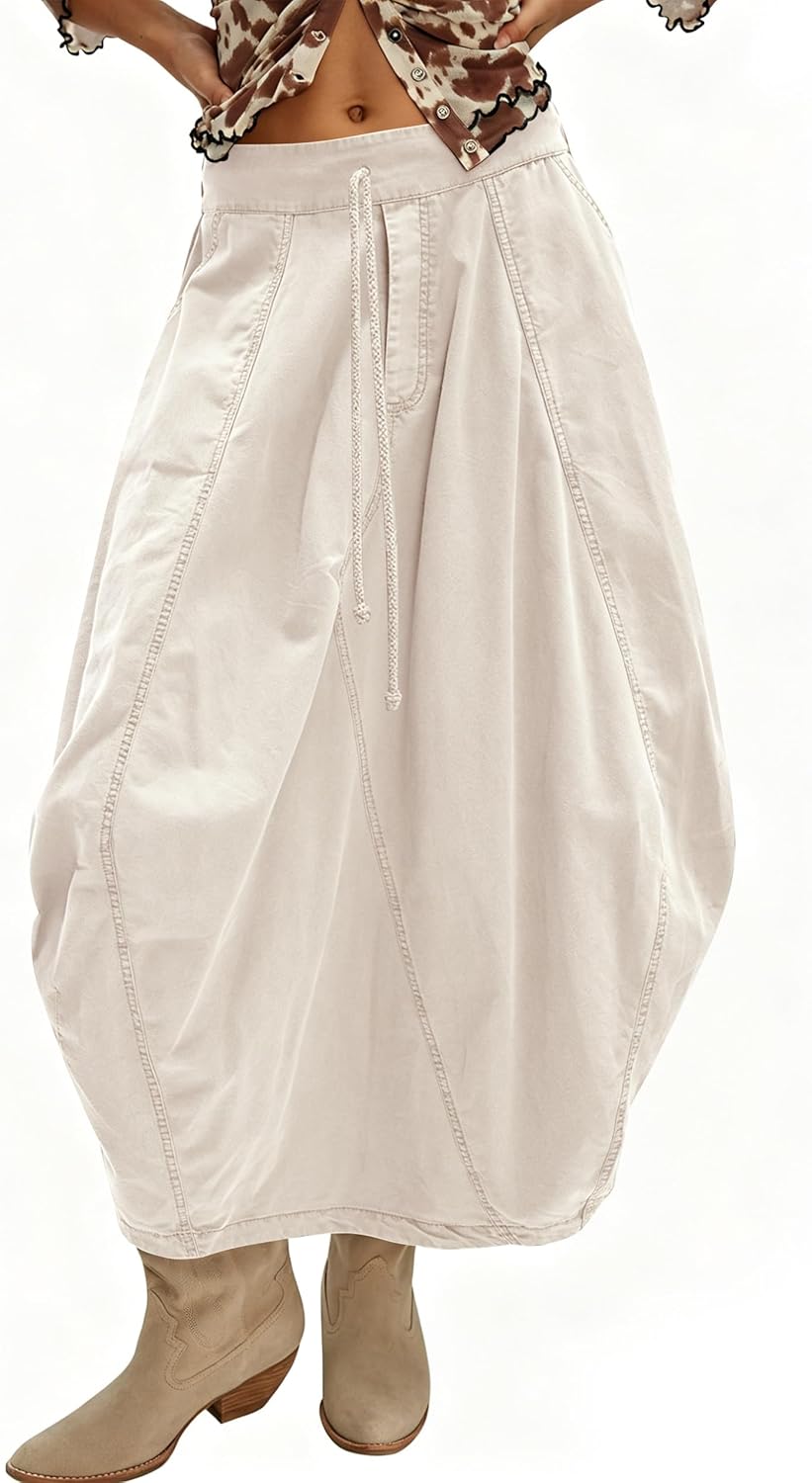 TERIVEEK Women Poplin Midi Skirt Baggy Summer Mid Rise Parachute Skirt Y2k Cargo Maxi Long Skirt with Pockets Streetwear