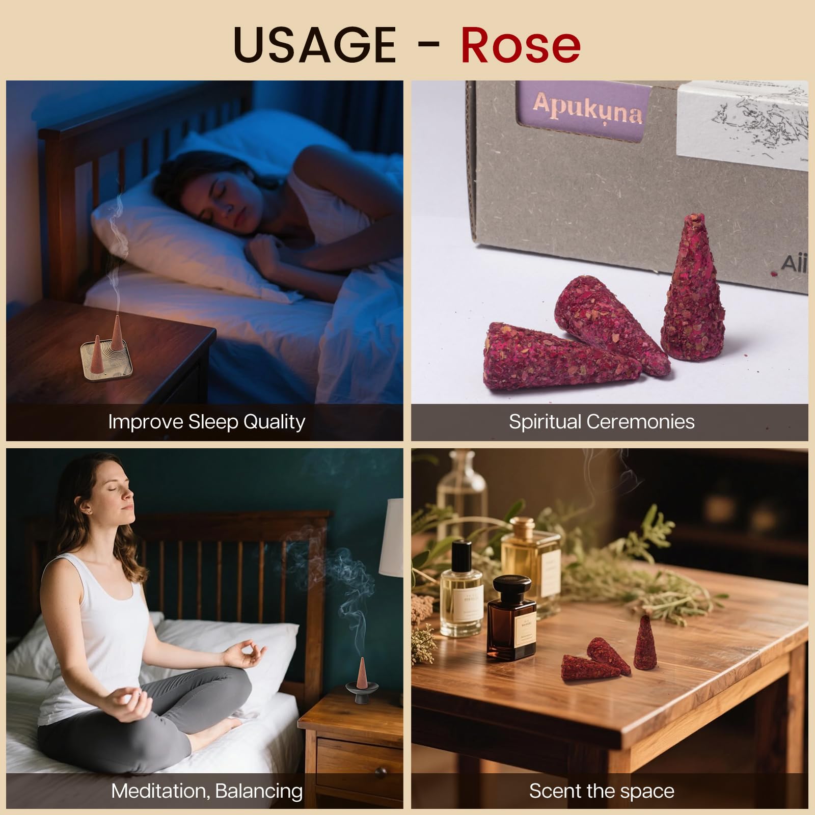 Conos de incienso de rosa natural, 30 piezas, hechos a mano, excelencia de larga duración, perfectos para relajación y meditación, habitaciones aromáticas, purificador de aire para