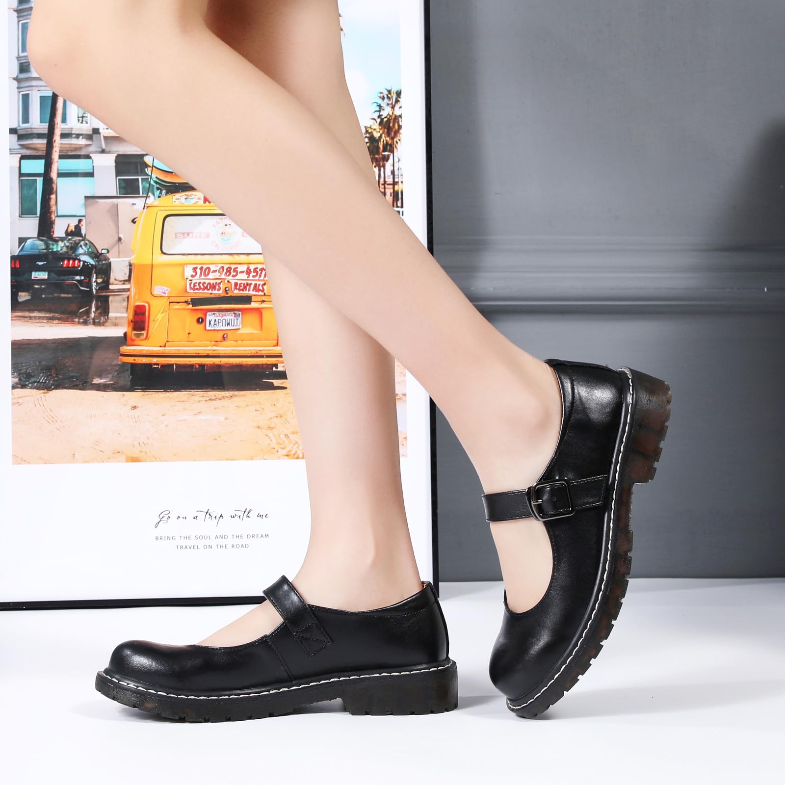 XMM Mary Jane Shoes Women Oxford Shoes Leather Round Toe Flats Non-Slip Ankle Buckle Strap Comfort Casual Dressy Cosplay Party School Work Shoes: 6.5 Black