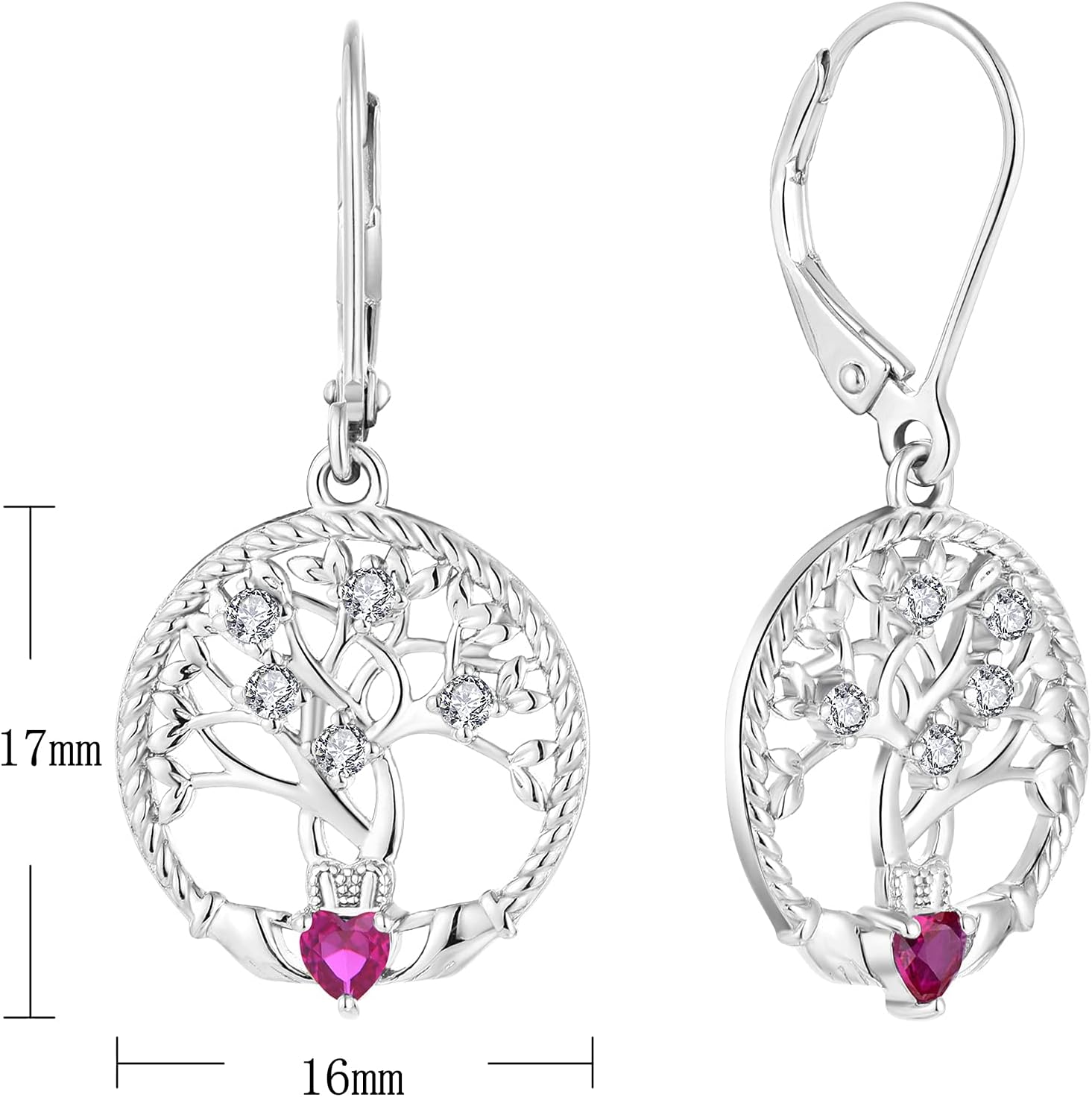 JO WISDOM Women Celtic Heart Claddagh Earrings,925 Sterling Silver Tree of Life Yggdrasil Drop & Dangle Leverback Earrings with 3mmx3mm Heart Cut 5A Cubic Zirconia