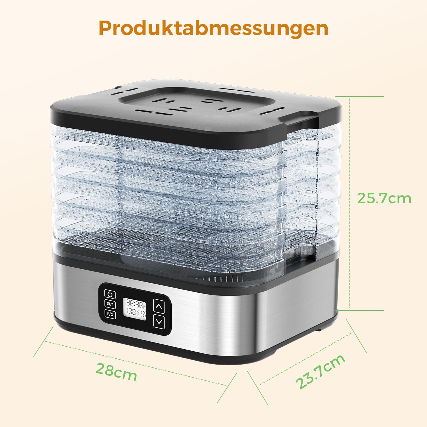 WOOX Dörrautomat, Dörrgerät mit Temperaturregler, 240W, 35-75°C, 72h-Timer, 5 Einlegefächer, Dörrautomat Edelstahl für Fleisch, Obst, Gemüse, Dehydrator - BPA frei