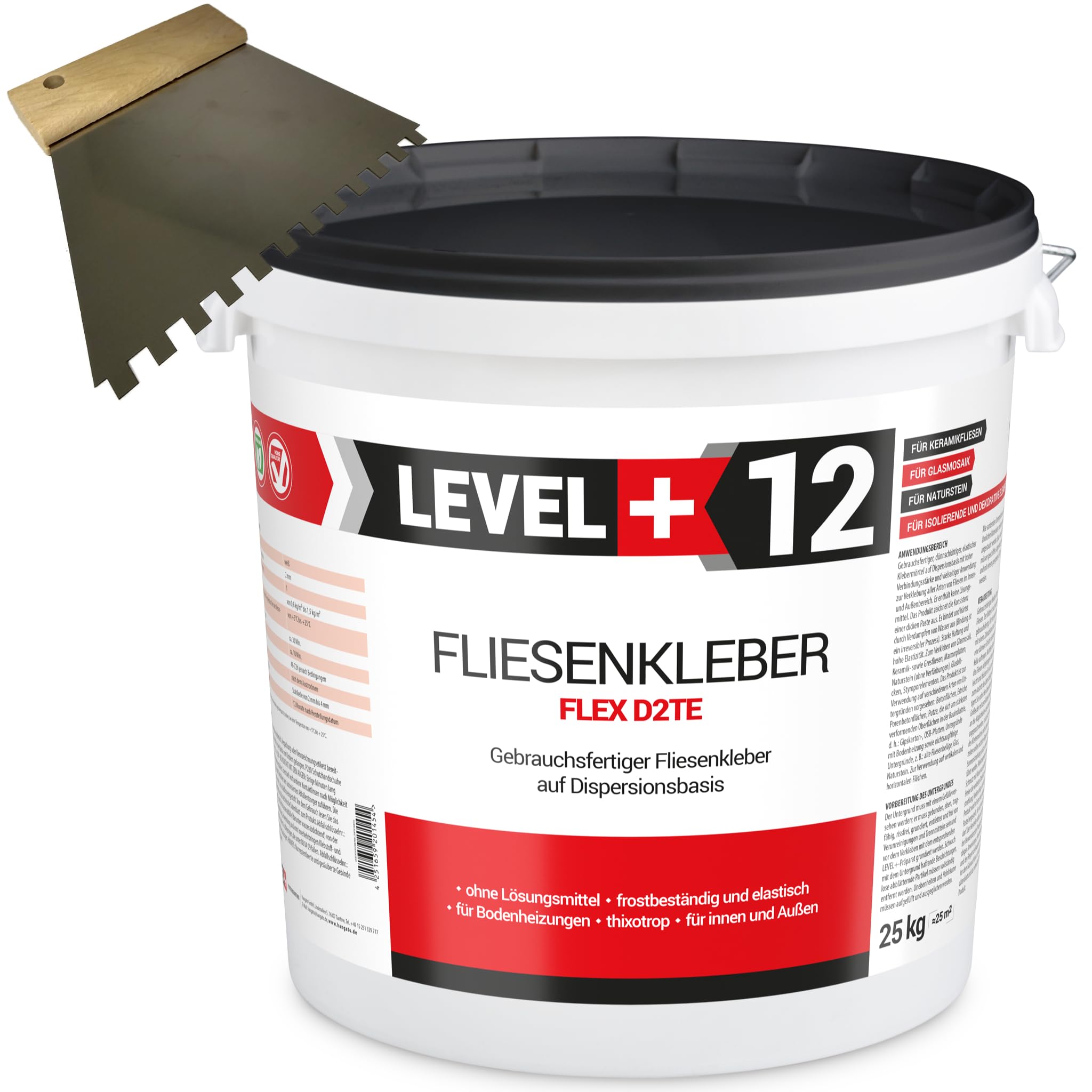 RM12 - Adhesivo para azulejos (12 unidades, 25 kg, espátula dentada, 6 mm, acero inoxidable, adhesivo flexible de dispersión, color blanco)