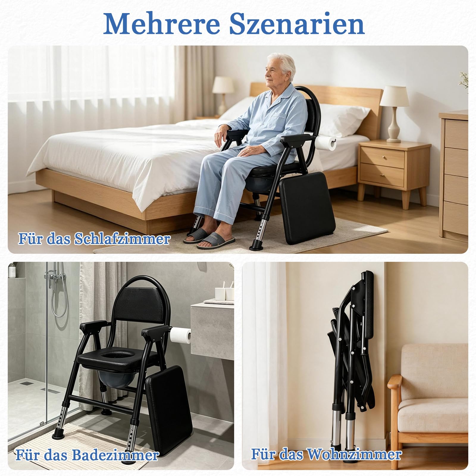 NJUN Toilettenstuhl Klappbar mit Eimer, Kompakter Nachtstuhl für Senioren Höhenverstellbar, WC Stuhl Bett mit Gepolstert für Schlafzimmer Pflege, Stabil Bis 200 kg