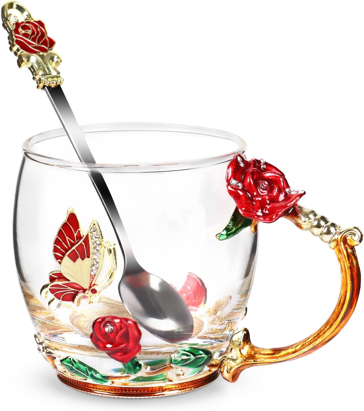 Beferr Tea Cups Gifts for Mom Birthday Gifts for Women Butterfly Glass Cup with Spoon Set Mom Gifts Rose Coffee Mug Mothers Day Wife Grandma Gifts for Her Red