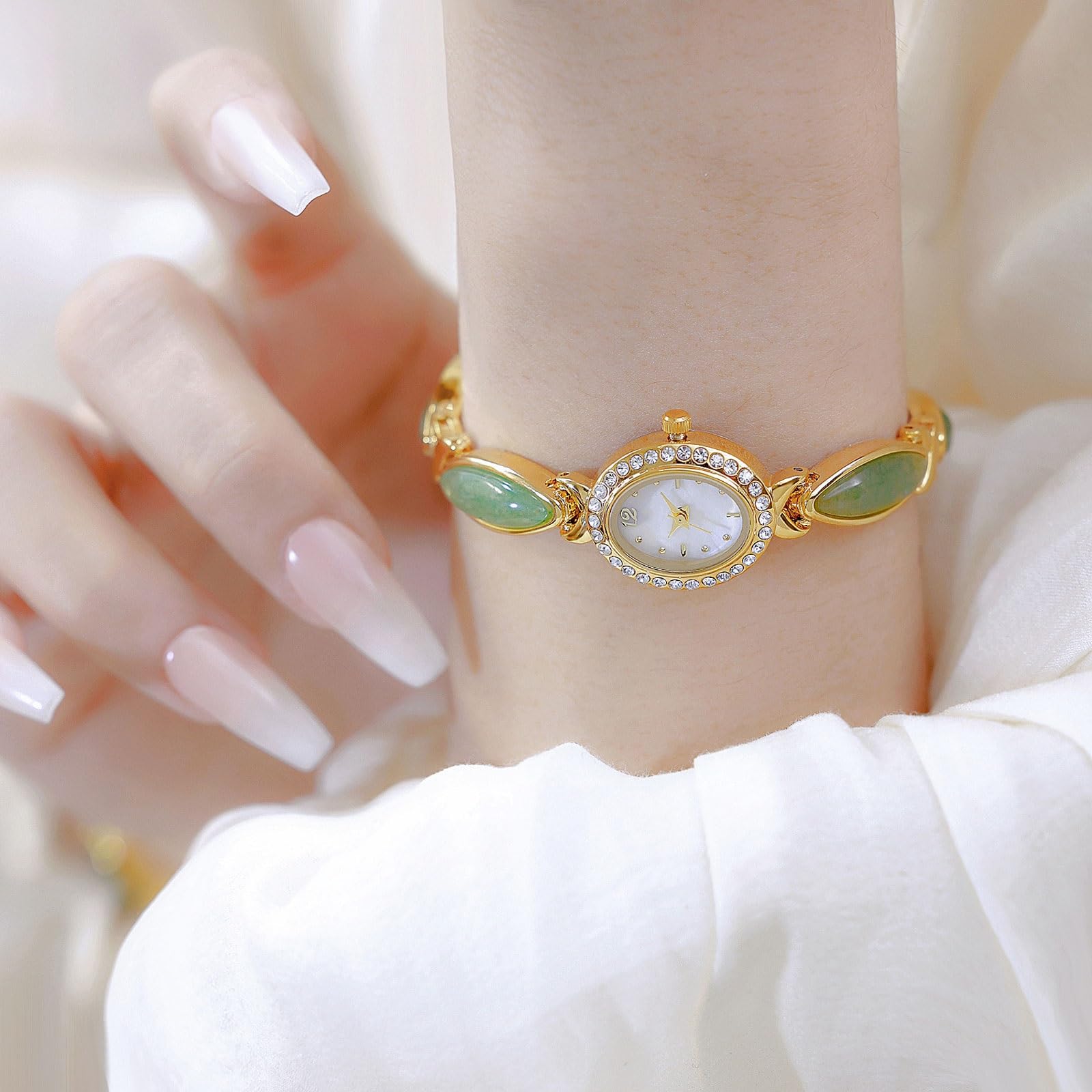 Confezione da 2 orologi al quarzo con quadrante ovale in avventurina naturale e nefrite, orologio con bracciale impermeabile, regalo alla moda for donna