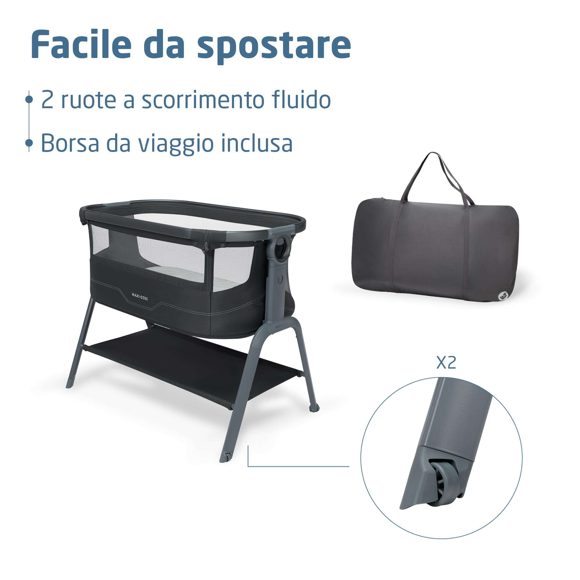 Maxi Cosi Iora² Culla Co-Sleeping, 0–6 Mesi (9 kg), Culla Neonato Fianco Letto Pieghevole e Leggera, Materasso 5 cm CloudCore, 5 Livelli, 2 Ruote Scorrevoli, Funzione Easy Slide, Elegance Graphite