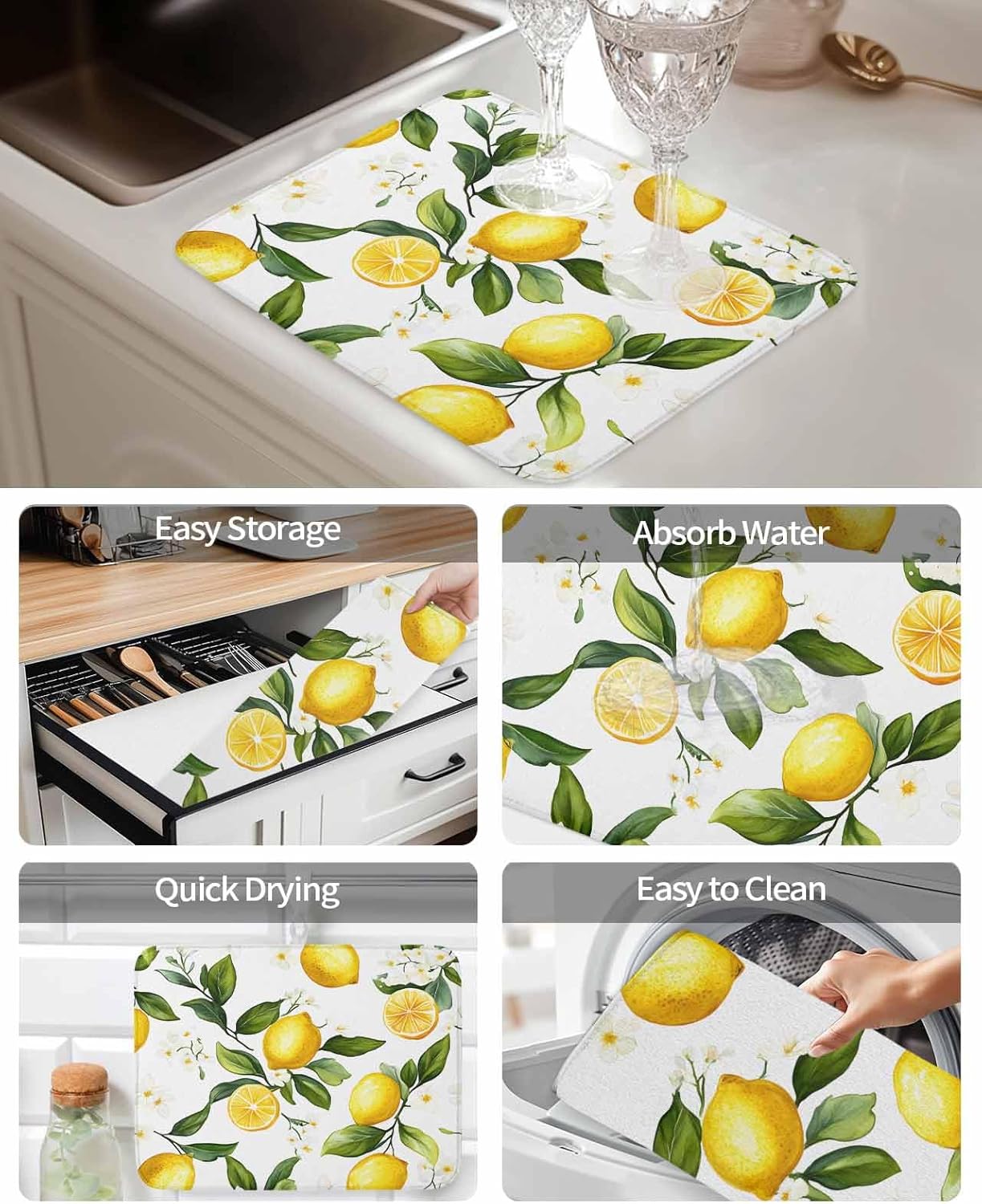Drying Mats for Kitchen Counter 2 Pcs, Watercolor Country Lemon Farm 1 Microfiber Absorbent Dish Drainer/Rack Mat,Reversible Hangding Quick Drying kitchen Decor,18x24 Machine Washable