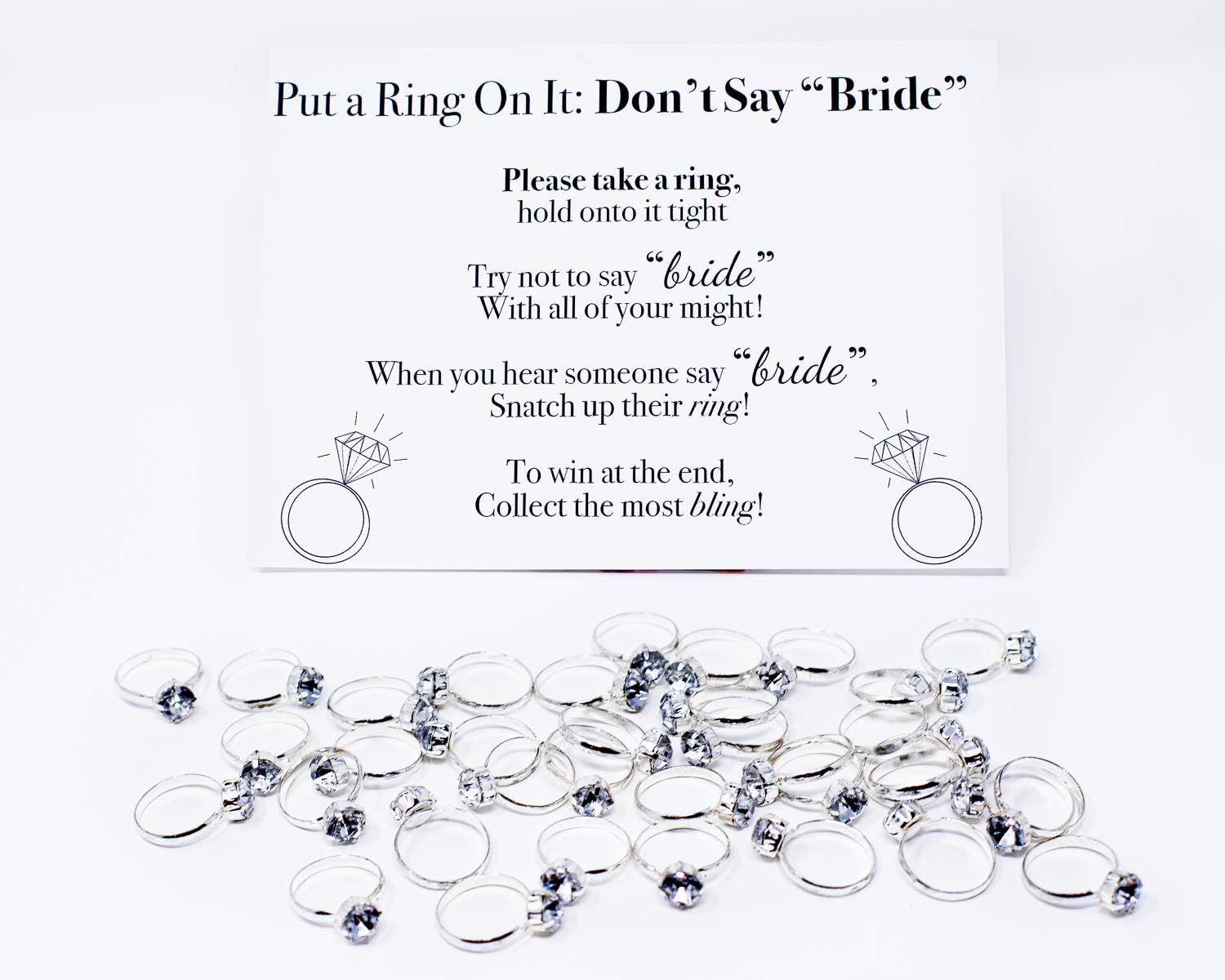 Put a Ring On It Bridal Shower Game with 36 Cute Plastic Rings for Bridal Shower Games for Guests and Engagement Parties and Don't Say Bride Game Rules Display Card