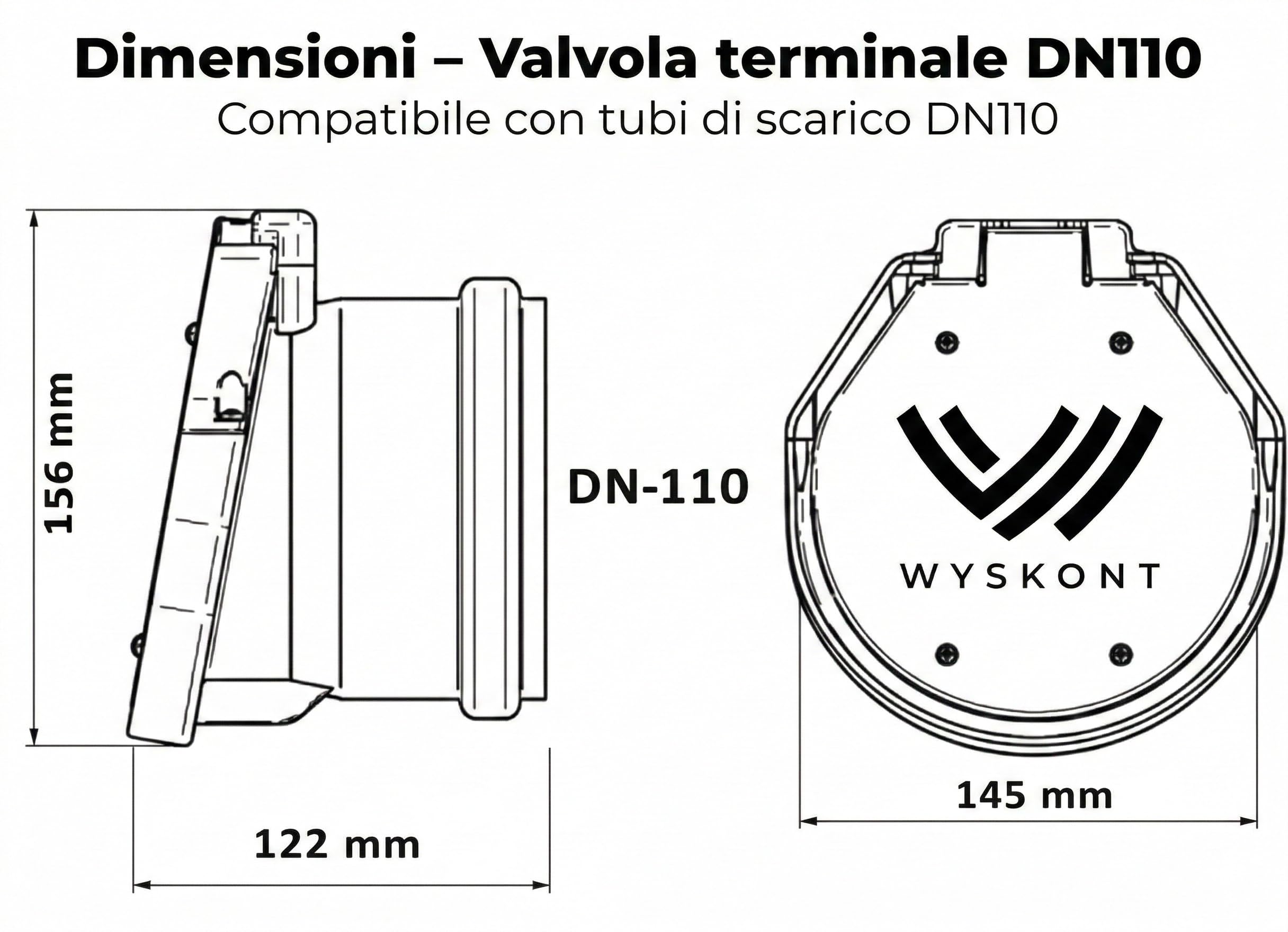 Valvola antiriflusso DN110 per tubo di scarico – Valvola di non ritorno con aletta in acciaio inox e guarnizione in gomma – Protezione contro reflusso, odori e roditori – Installazione terminale