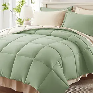 Anluoer Queen Comforter Set 7 Piece, Sage Green Bed in a Bag with Sheets, All Season Bedding Comforter Sets with 1 Comforter, 2 Pillow Shams, 2 Pillowcases, 1 Flat Sheet,1 Fitted Sheet
