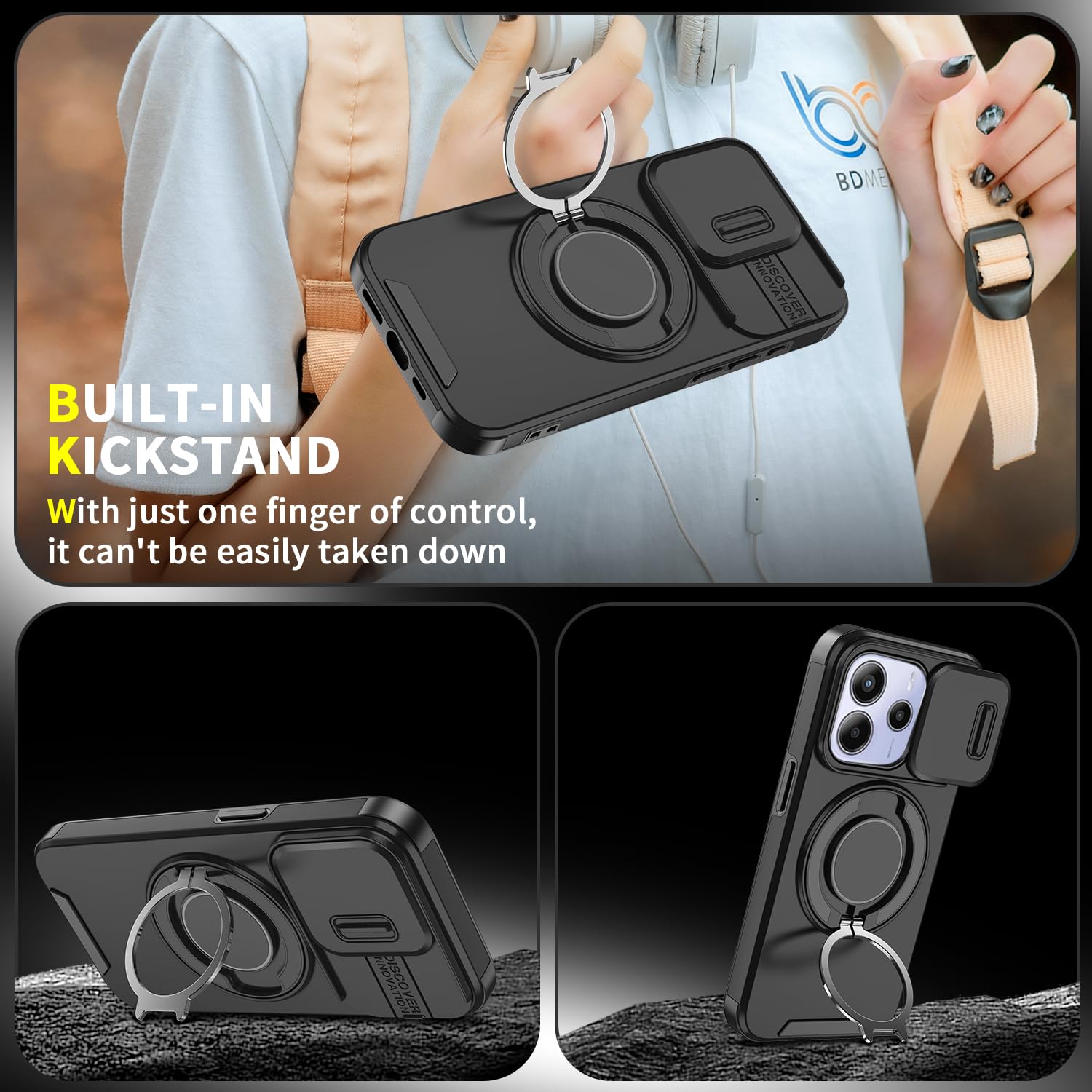 Cover Protettiva Per Redmi Note 14 4G Con Anello Magnetico 360° E Supporto - Custodia Antiurto Rigida (Nero)