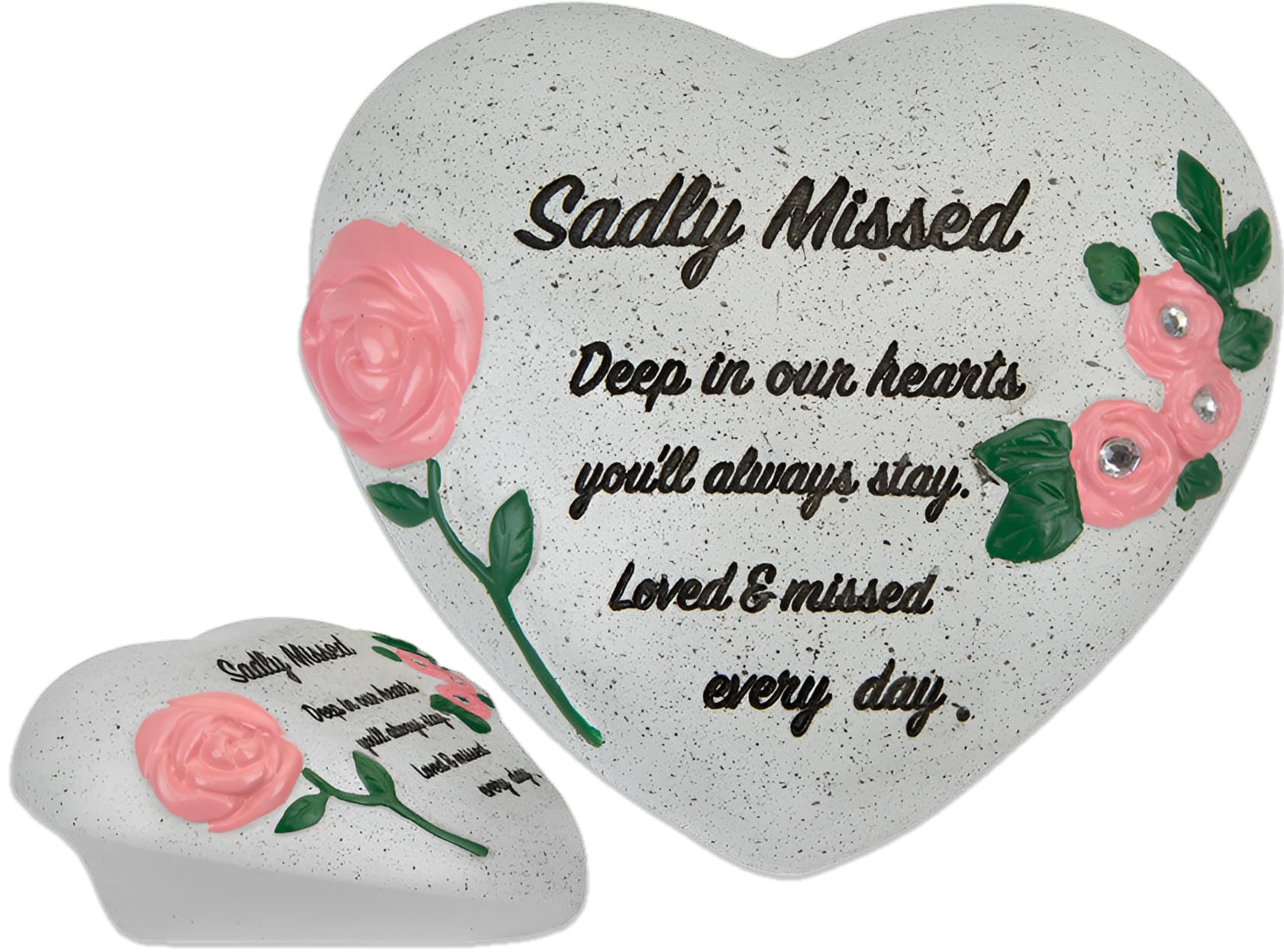 Quickdraw Supplies Light Grey Sadly Missed Memorial Heart Ornament With Diamantes & Roses – Graveside Grave Decoration, Cemetery Ornament, Sympathy Gift For Mum Dad Nan Grandad – Funeral Remembrance Tribute Stone Effect Keepsake