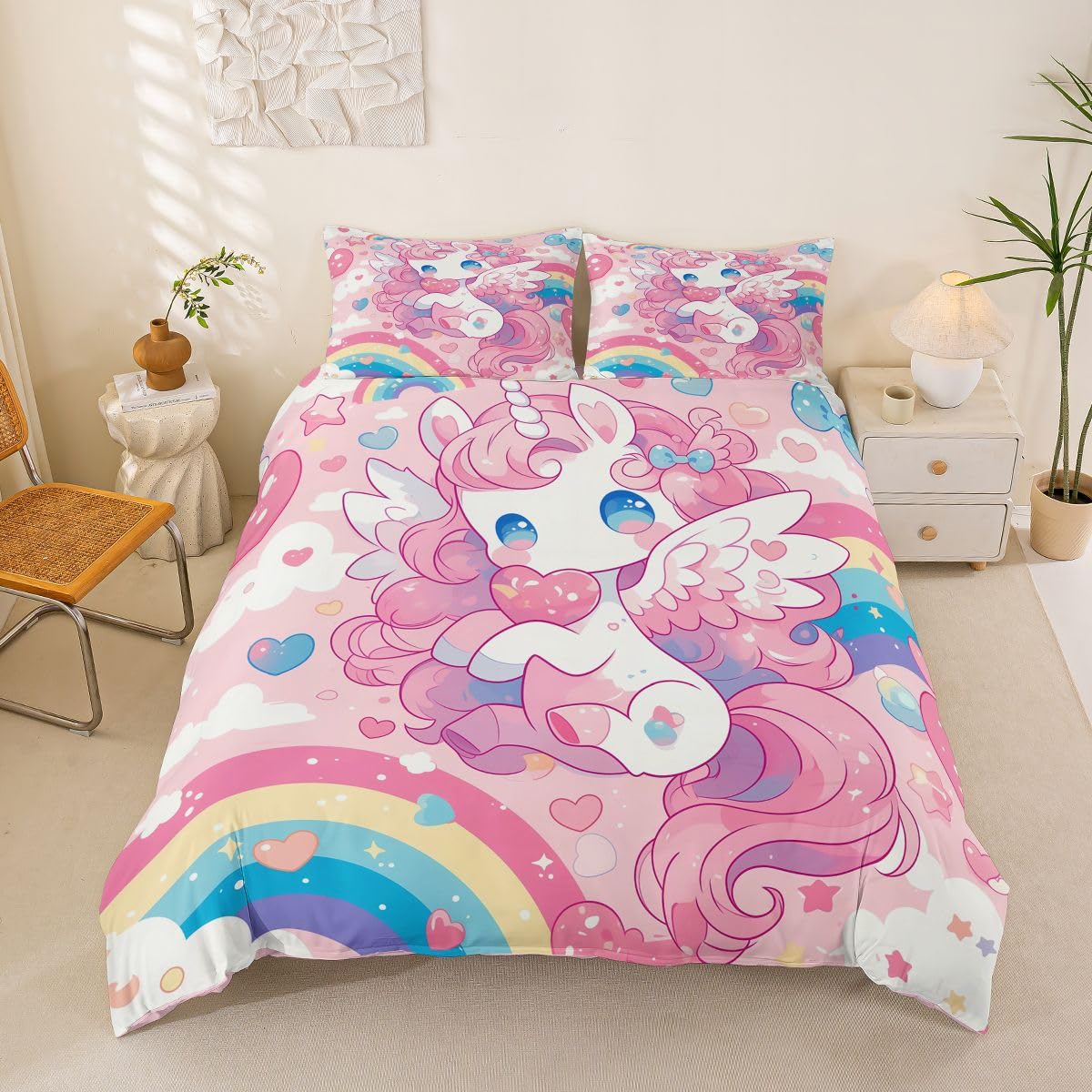 Housse de couette licorne 220x240 parure de lit 3 pièces arc-en-ciel