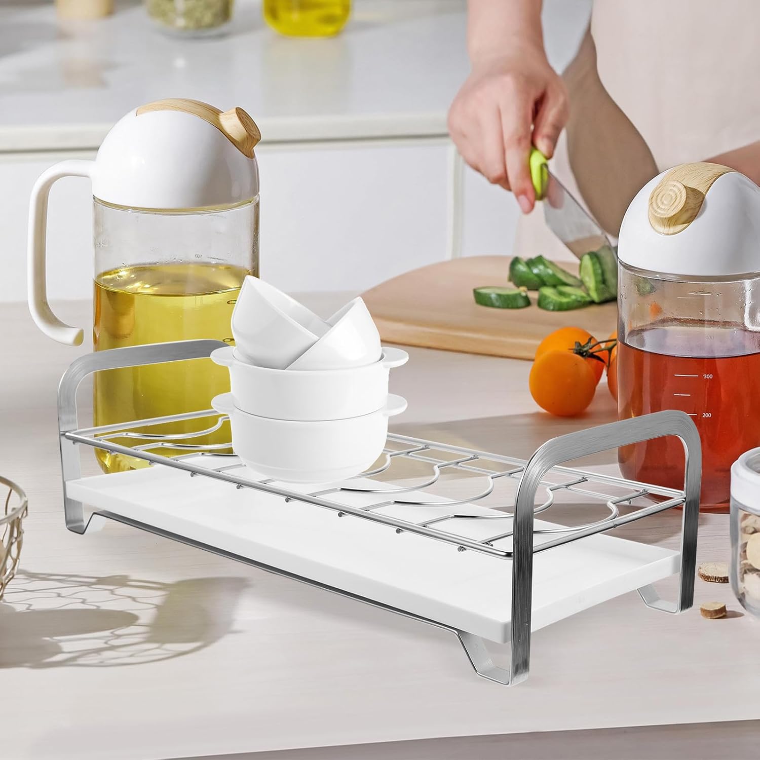 Stainless Steel Dish Drying Rack with Drainboard, 8-Position Kitchen Counter Tableware Drainer Holder, Practical Kitchen Dish Rack for Organized Storage and Fast Drying