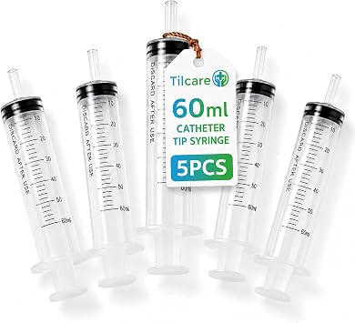 60ml Catheter Tip Syringe with Covers 5 Pack by Tilcare - Sterile Plastic Medicine Food Droppers for Children, Pets or Adults Latex-Free Oral Medication Dispenser - Large Feeding Tube Syringes