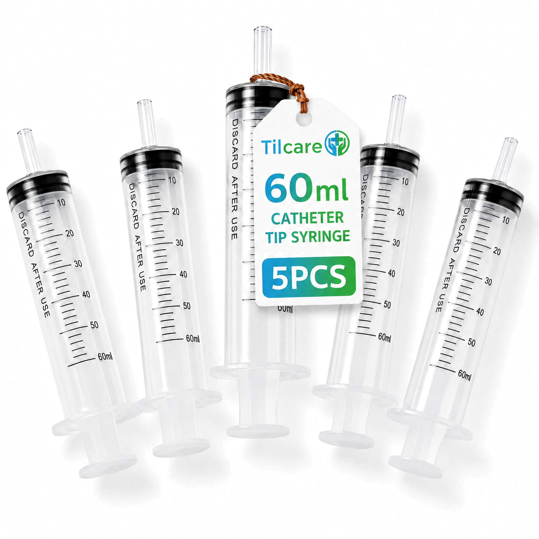 60ml Catheter Tip Syringe with Covers 5 Pack by Tilcare - Sterile Plastic Medicine Food Droppers for Children, Pets or Adults – Latex-Free Oral Medication Dispenser - Large Feeding Tube Syringes