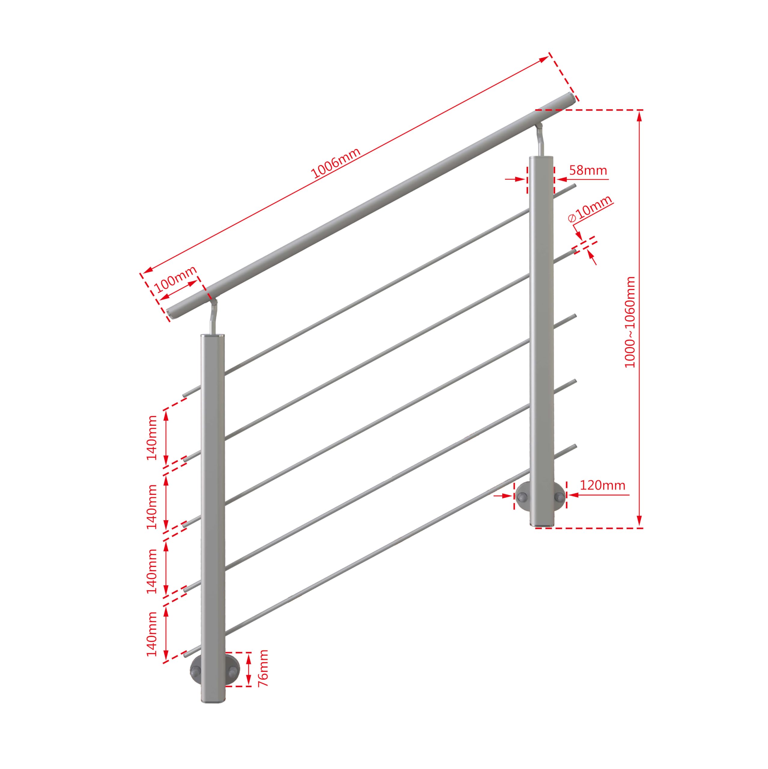 AICA Barandilla de Aluminio, 100 cm Pasamanos de Escaleras, Parapeto de Aluminio con 5 travesaños para balcón, escaleras, interior y exterior - fijaciones lateral
