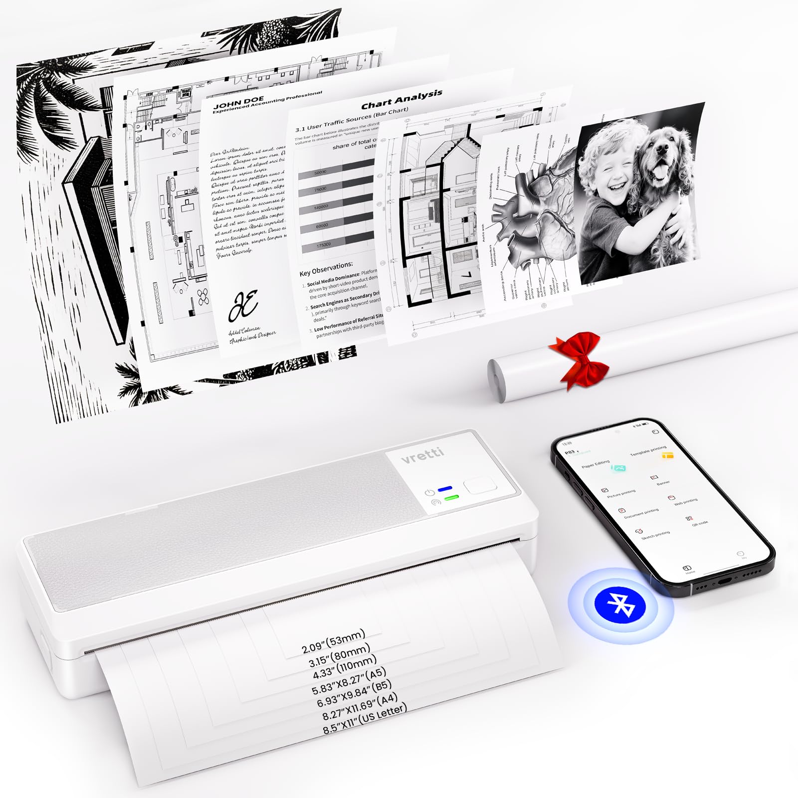 vretti P83 Mobiler Drucker a4 für unterwegs, Thermodrucker A4 kompatibel mit Android und iOS,Mobiler Drucker unterstützt 210x297mm Thermopapier für Zuhause,Büro,Foto