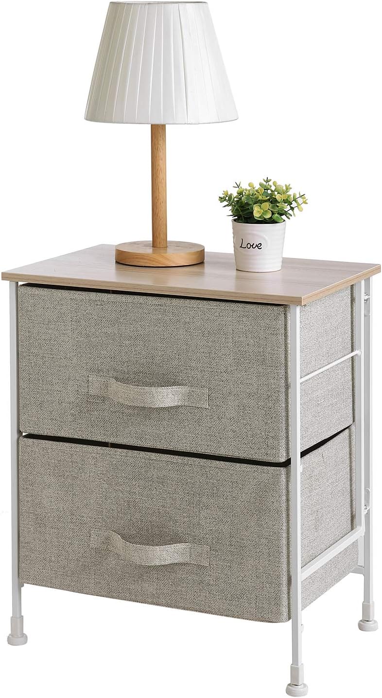 Leaf House Bedside Table with 2 Drawers-NO TOOLS REQUIRED for Assembly-Nightstand For Nursery, Living room, Closet, Bedroom, Bathroom, Kids Room-Beige-Linen