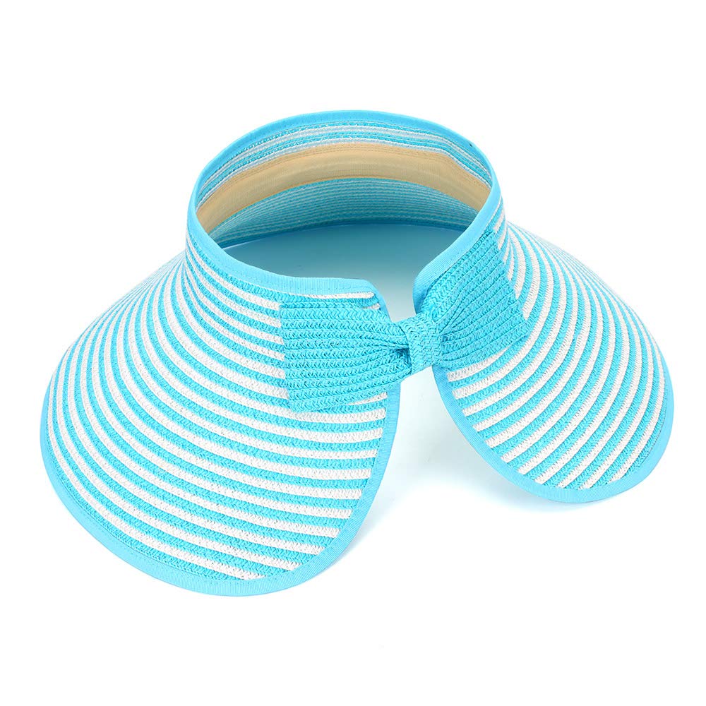 Mk Matt Keely Women's Blue Strip Large Beach Straw Sun Hats Foldable Wide Brim Hat For Visor Cap Bucket With Bowknot
