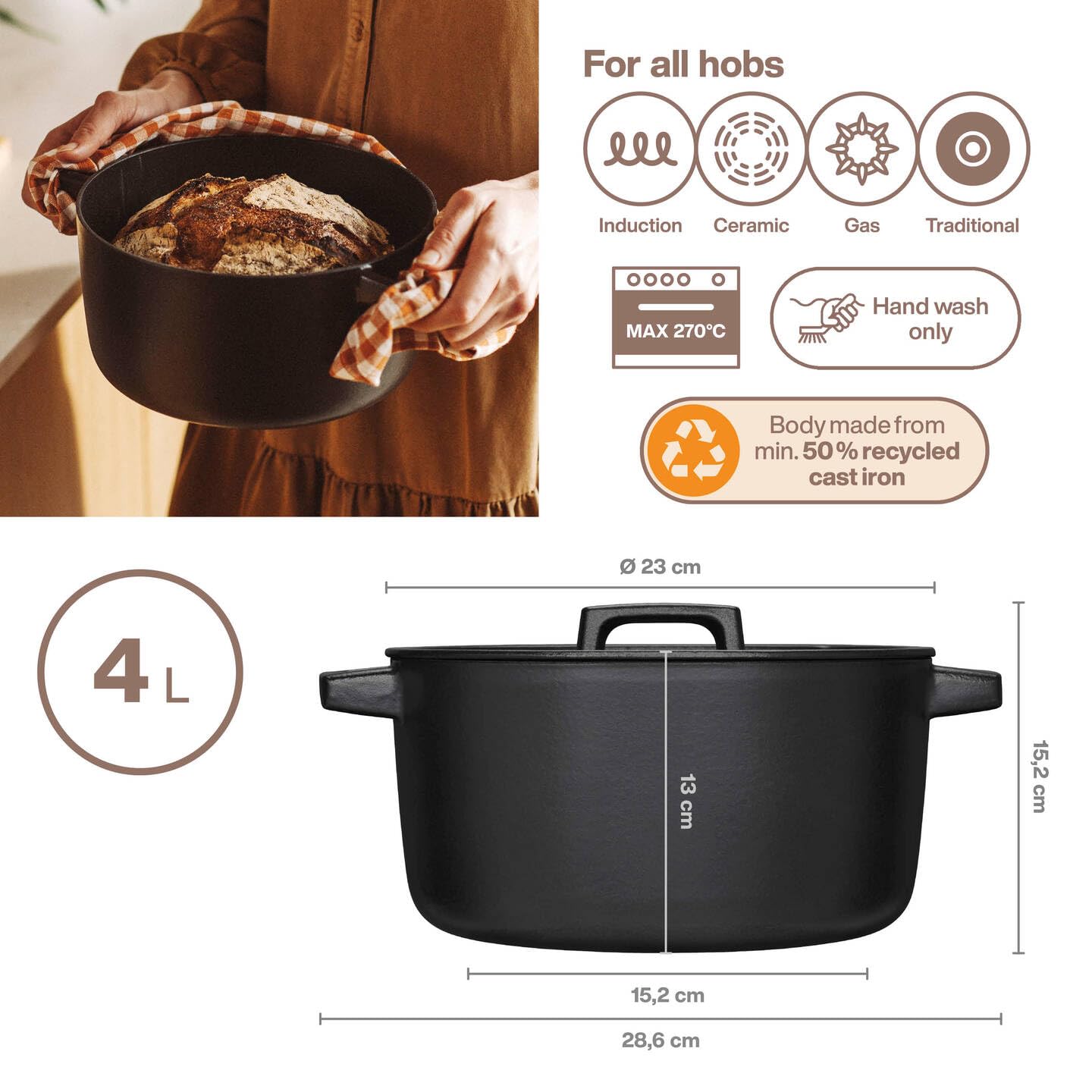 Fiskars Folken Cacerola de hierro fundido con tapa, 4 L, Esmaltada, Para todo tipo de placas, 1075698