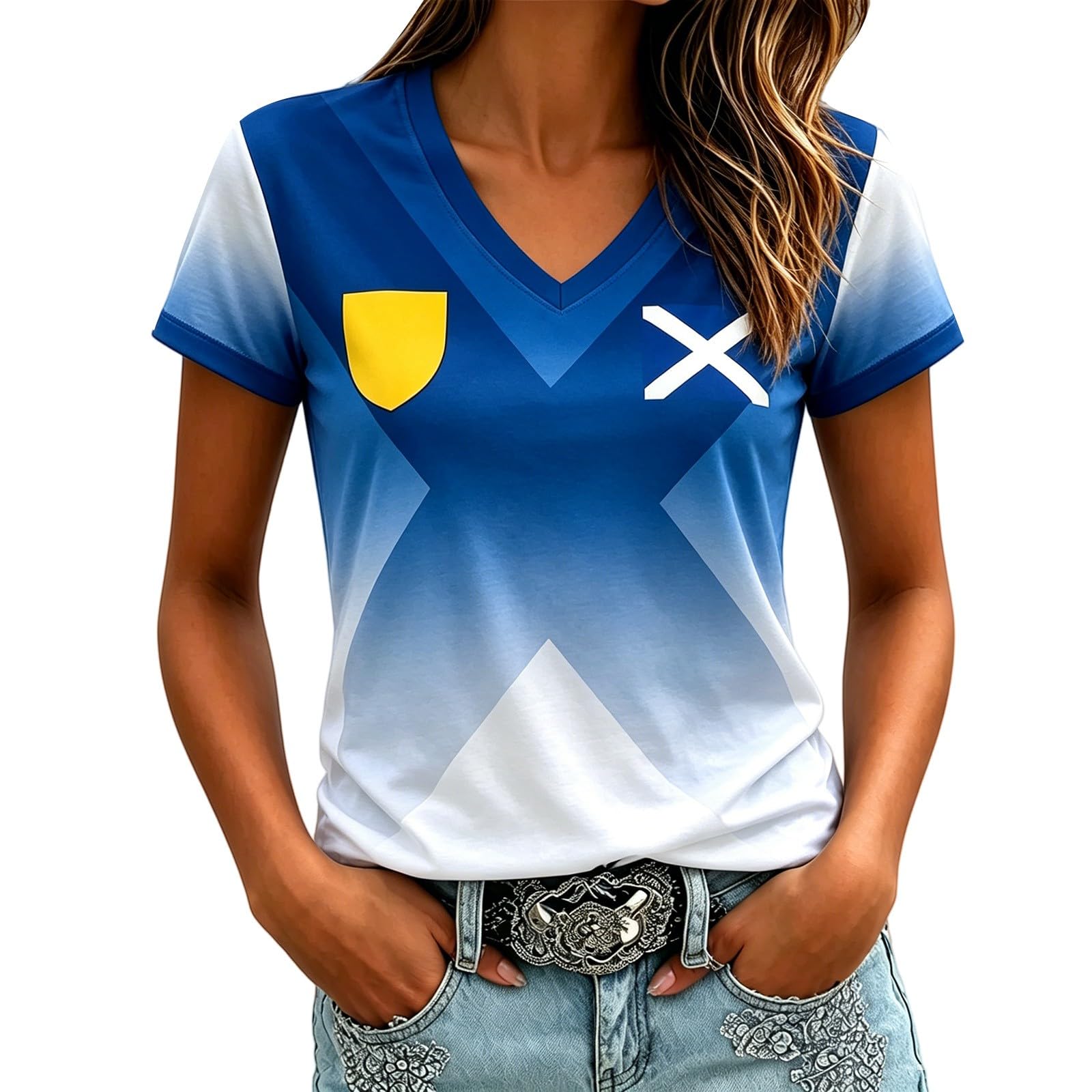 Ladies Scotland Top - Scotland World Cup Merchandise Women’s Football T-Shirt Jersey Breathable Soccer Tshirt V-Neck Top Tee Shirts Gift for Footballs Fans Supporters