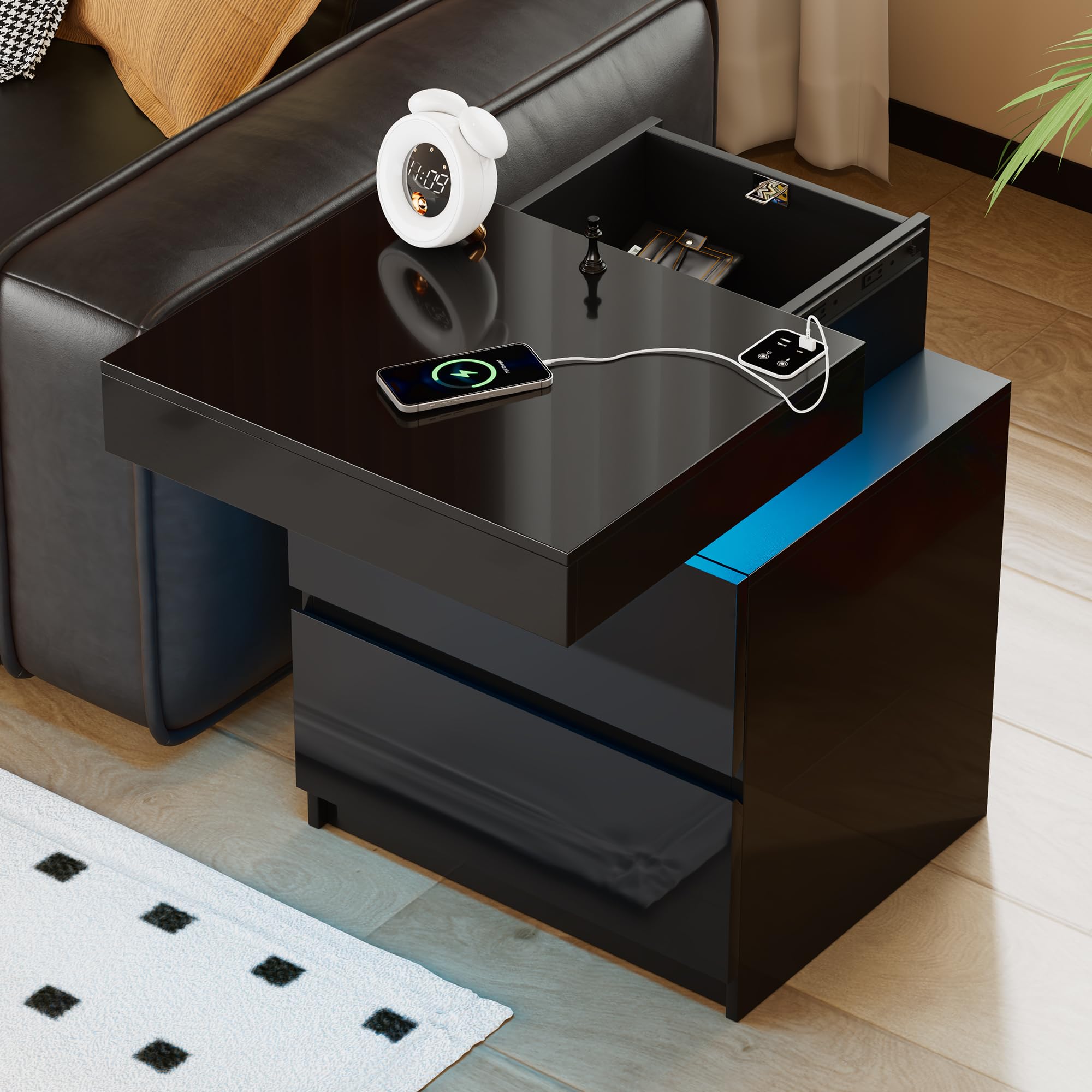 Vlsrka Table de Chevet, Couvercle Coulissant Tiroir, Capteurs Intelligents