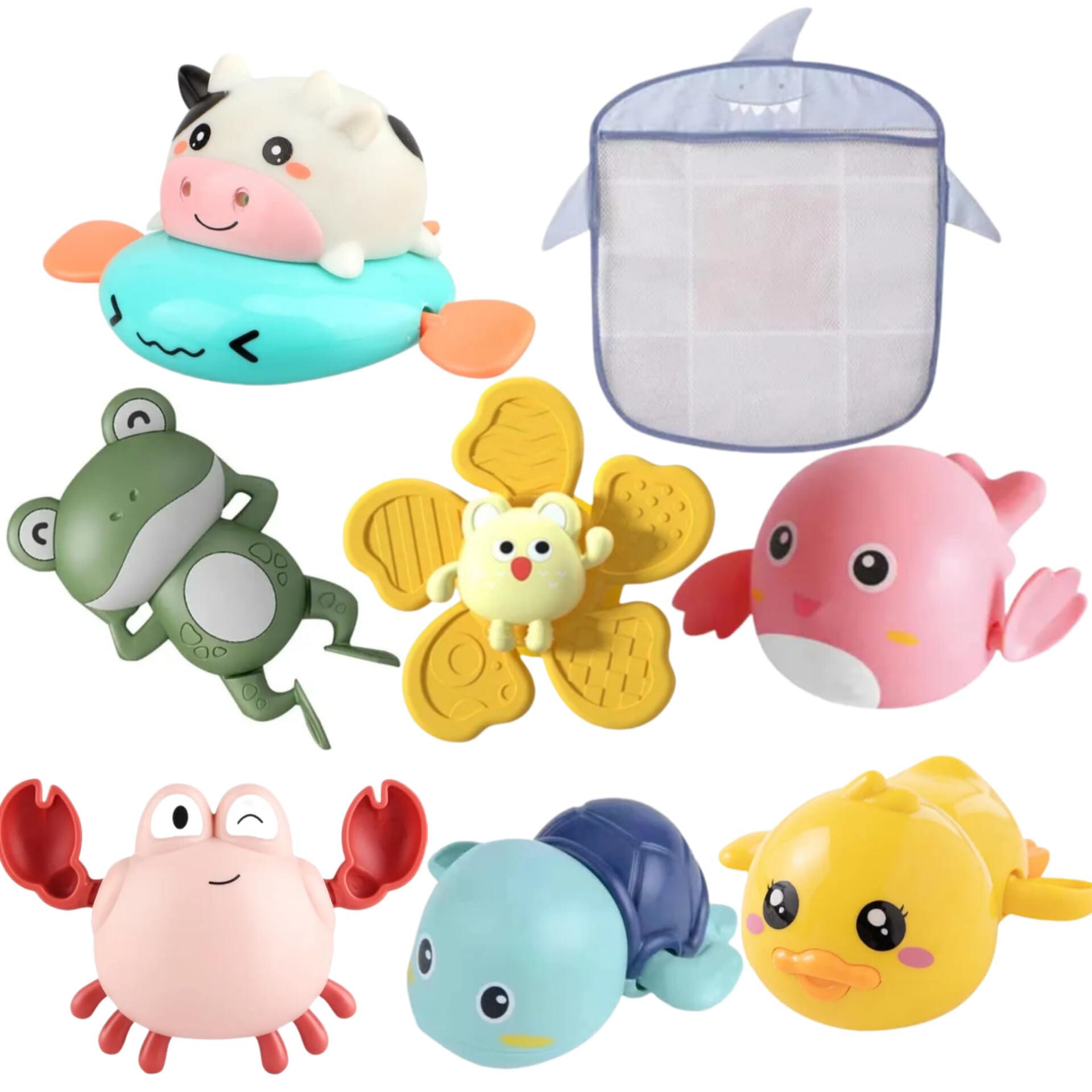 Kids Bath Toy Set, 7 Bath Toys with a Bath Toys holder, Swimming pool and bath tub toys for babies,boys and girls Spinner toy included with hanging mesh bag for toy storage with strong hooks