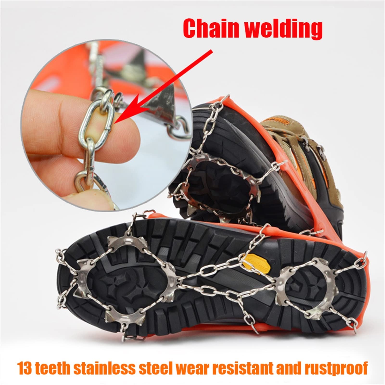 Crampones 1 par 13 Dientes Amplia de Hielo Spike for Zapatos Antideslizante Senderismo Escalada Suelta Picos de Nieve Crampones Clases Cadena Garras agarras Botas Cubierta (Color : M Orange)