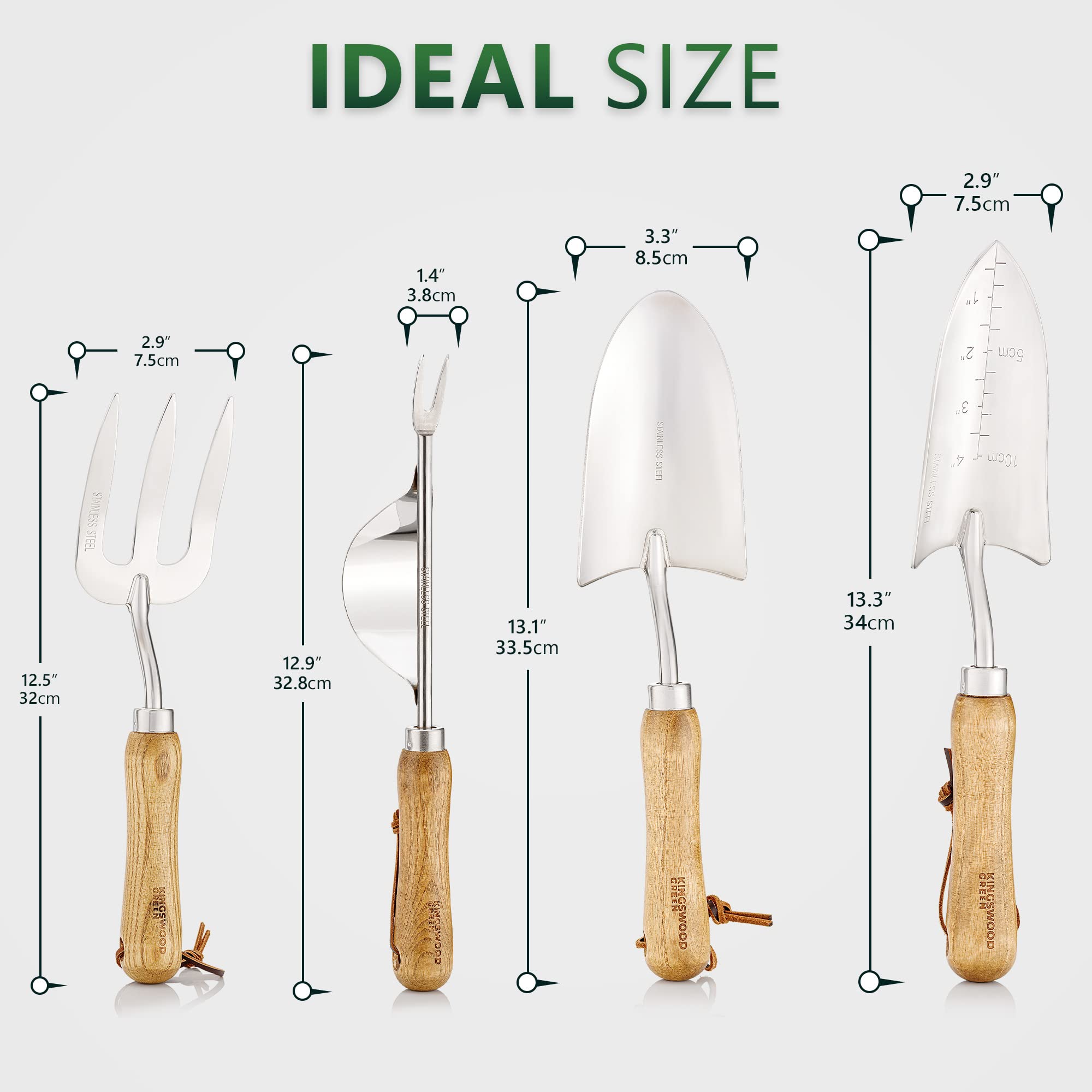 Set regalo di 4 attrezzi da giardino, manici in legno di frassino, cazzuola, trapiantatore a mano, sarchiatore e forchetta, realizzato in acciaio inossidabile