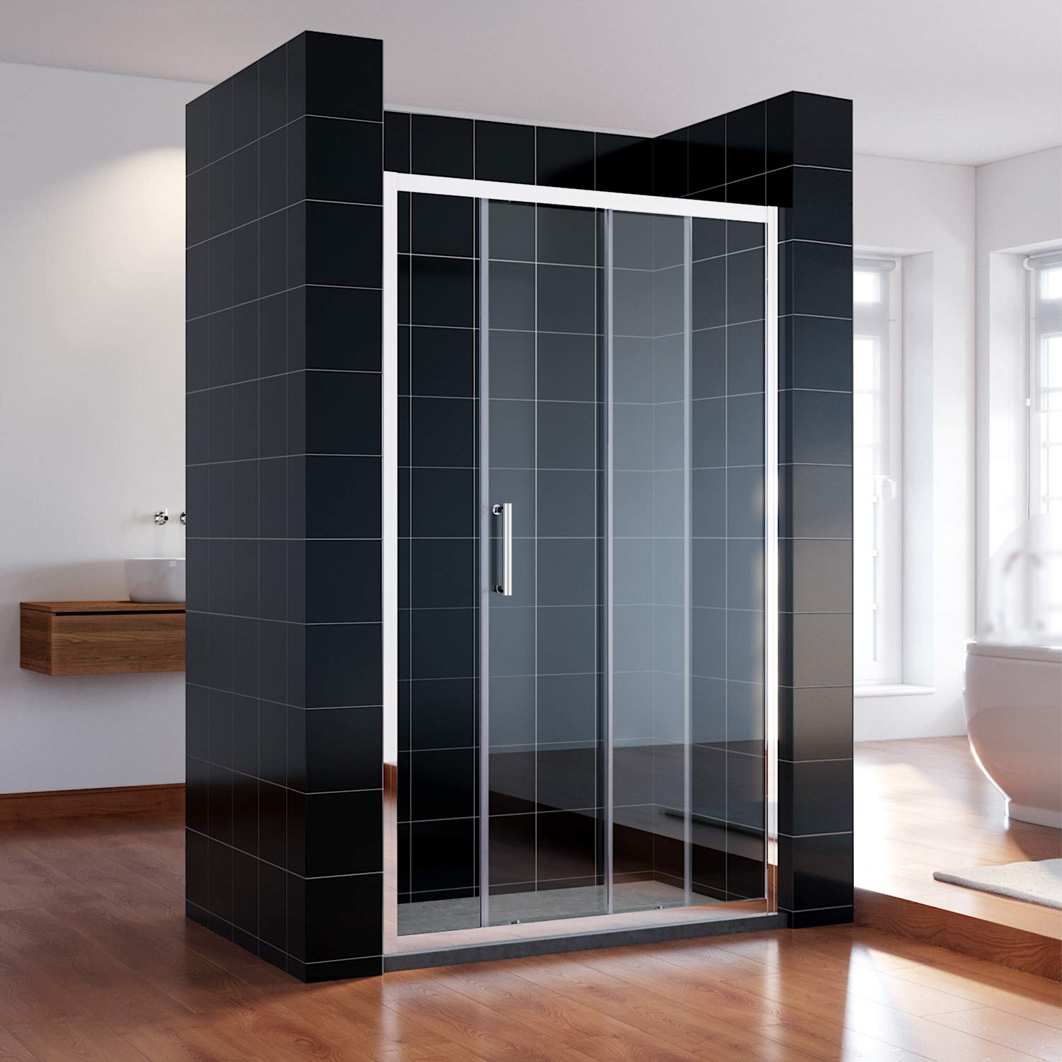 SONNI Puerta corredera de ducha de 100 cm, mampara de ducha de cristal, altura de 185 cm, cristal transparente