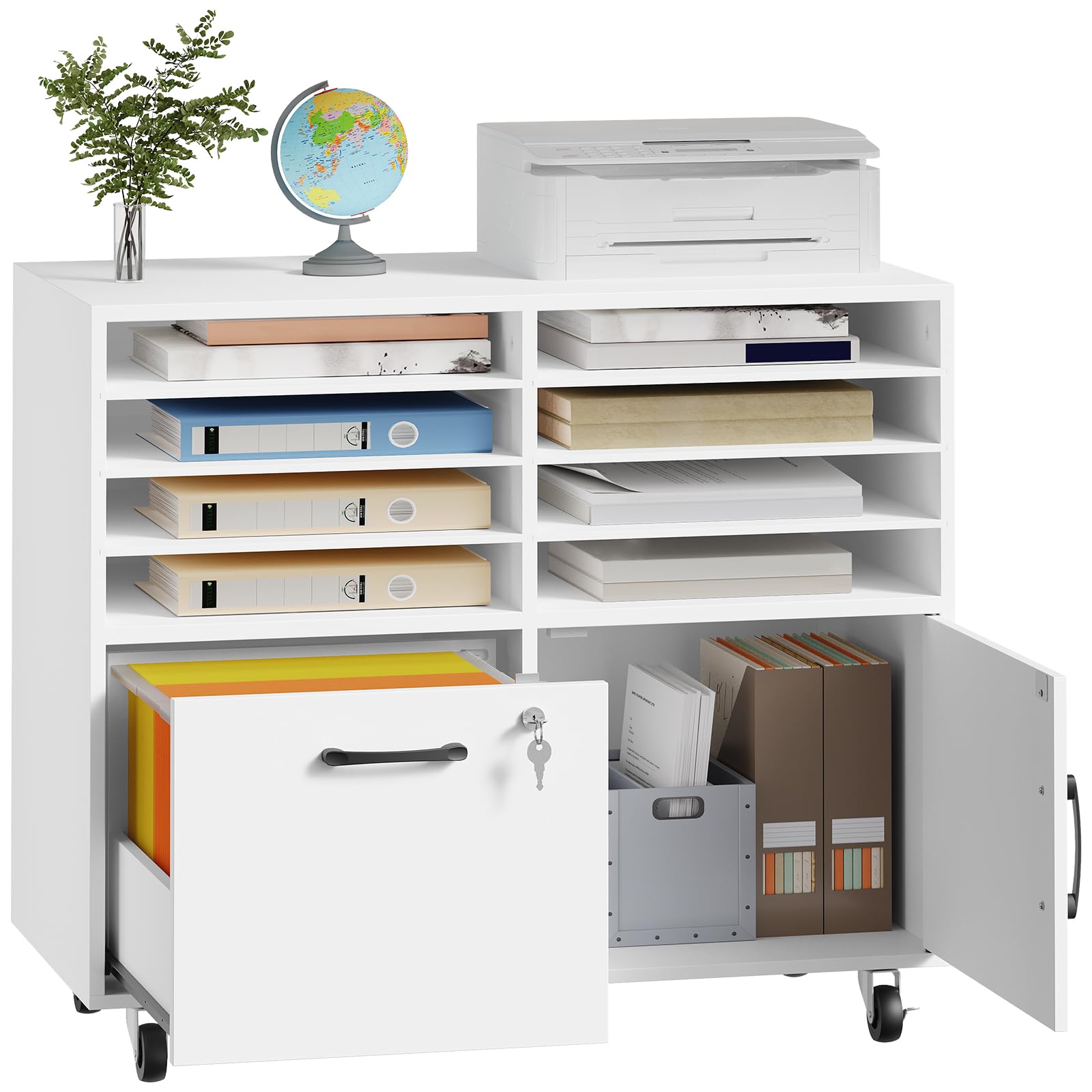 HOOBRO Rollcontainer mit abschließbarer Schublade und 8 Fächern, mobiler Aktenschrank, Schubladenschrank, Büroschrank, Bürocontainer, Schreibtisch Unterschrank, für Büro, Wohnzimmer, Weiß EWB55WJ01