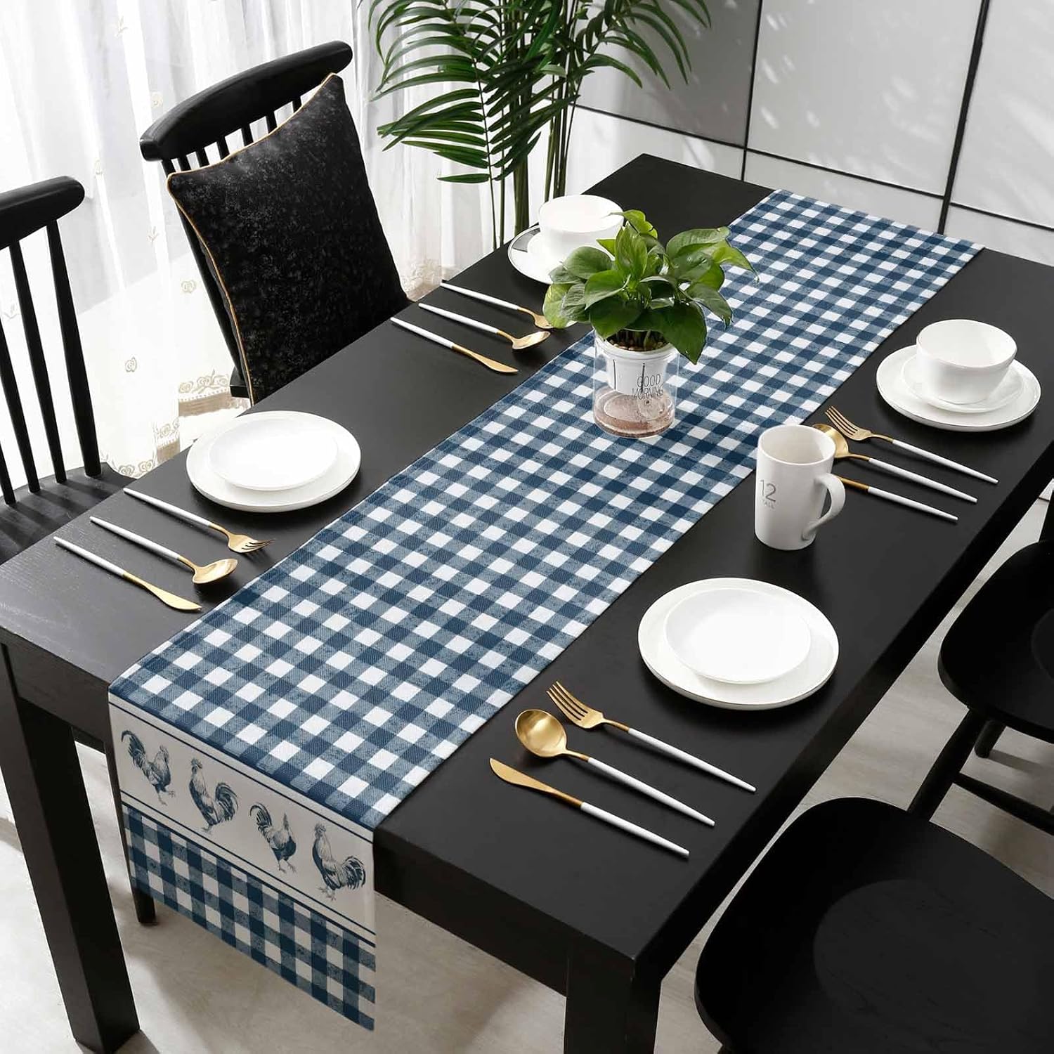 Farmhouse Rooster Table Runner - 72 Inch Long Rustic Farm Animals Blue White Plaid Cotton and Linen Blended Dress Scarves Farmhouse Table Runner for Kitchen Dining, Coffee Table, 18" x 72"