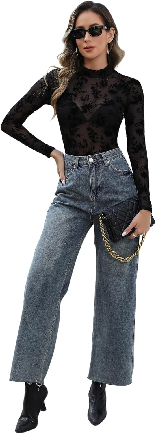 KTILG Womens Mesh Long Sleeve Top Sheer Blouse Sexy See Through Tee Shirt Lace Tops S-XXL - Image 6