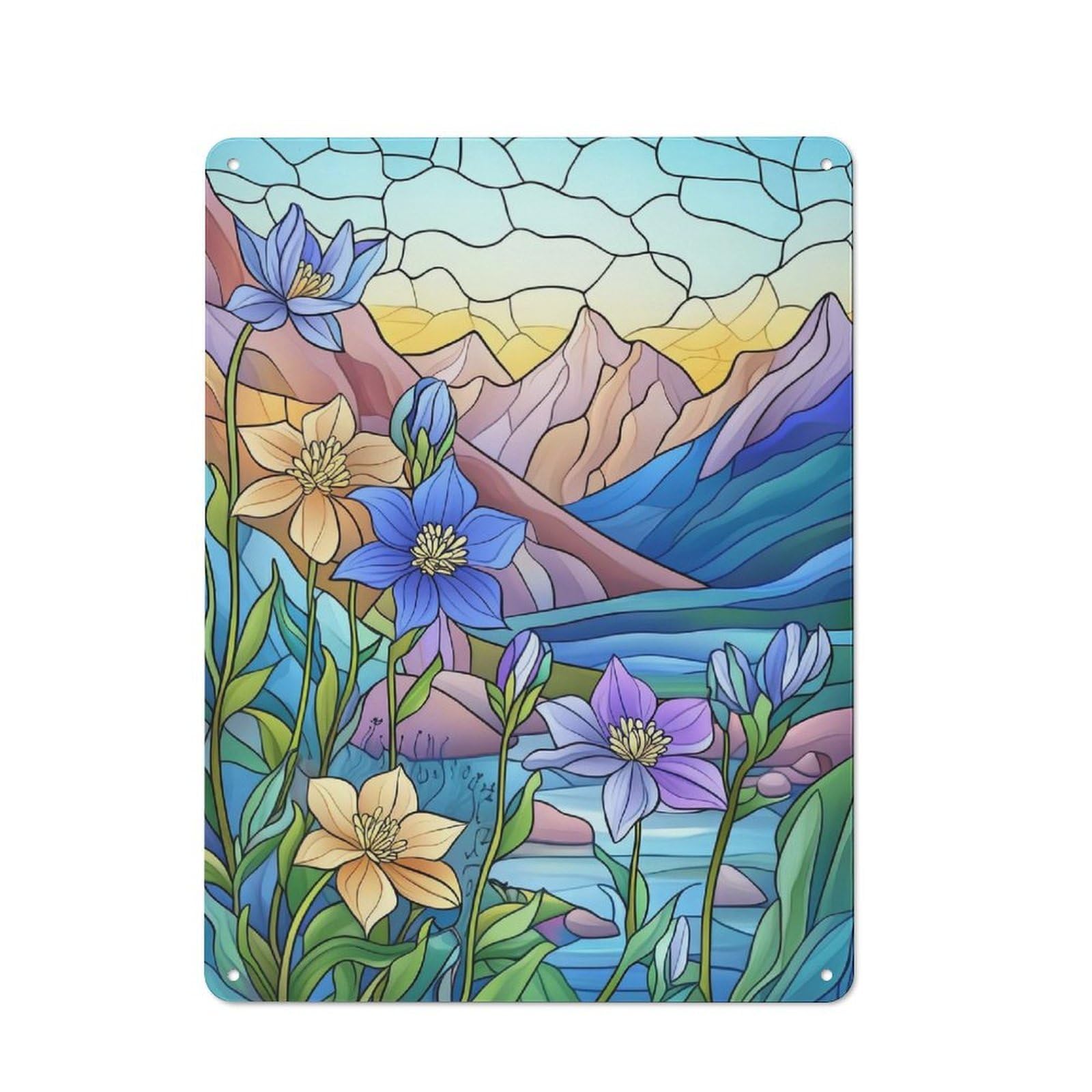 Junmoney Style-23 Garage Style Decorative Metal Plaque 40X30cm Featuring Mountain Flowers Stained Glass, Garage Wall Decor For Garage, Workshop, Shed Or Utility Room