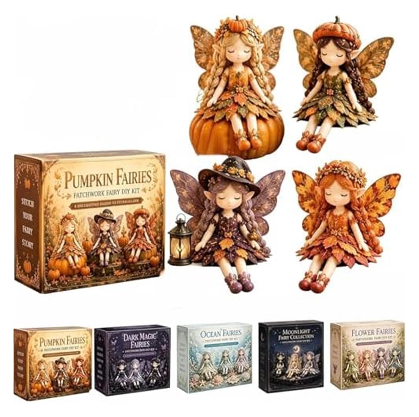 Fairy Patchwork DIY Craft Collection, Fun Floral Fairy Sewing Kit, Make 4 Winged Elf Fabric Dolls, Complete Fabric Supplies DIY Craft Set for Beginner Crafters, Unique Handmade Home Decor & Gift(A)