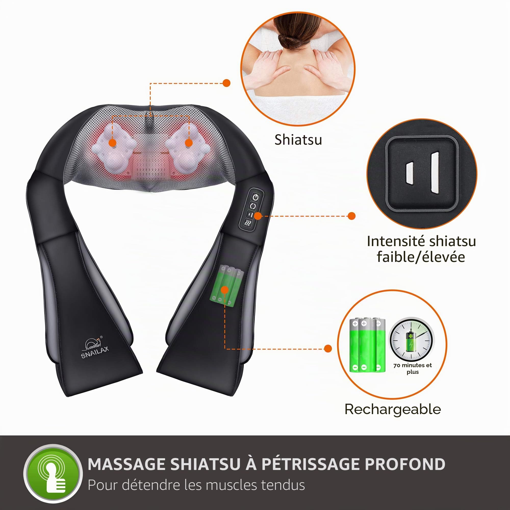 SNAILAX Appareil de massage pour le cou sans fil - Masseur pour épaules et cou chauffant, massage de la nuque et du dos, taille, pied, oreiller de massage électrique Cadeau Noël/Femme/Homme