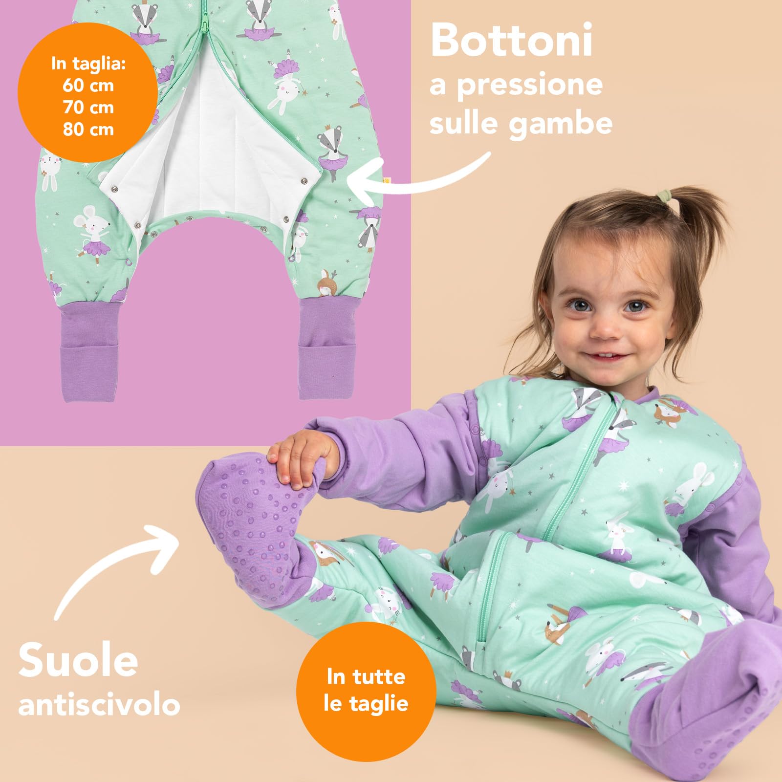 schlummersack Slumbersac Sacco nanna con piedini bambini 2.5 Tog 110 cm Ballerina I Sacco nanna con gambe per dimensione del corpo 110-120 ​cm | Sacco nanna maniche rimovibili